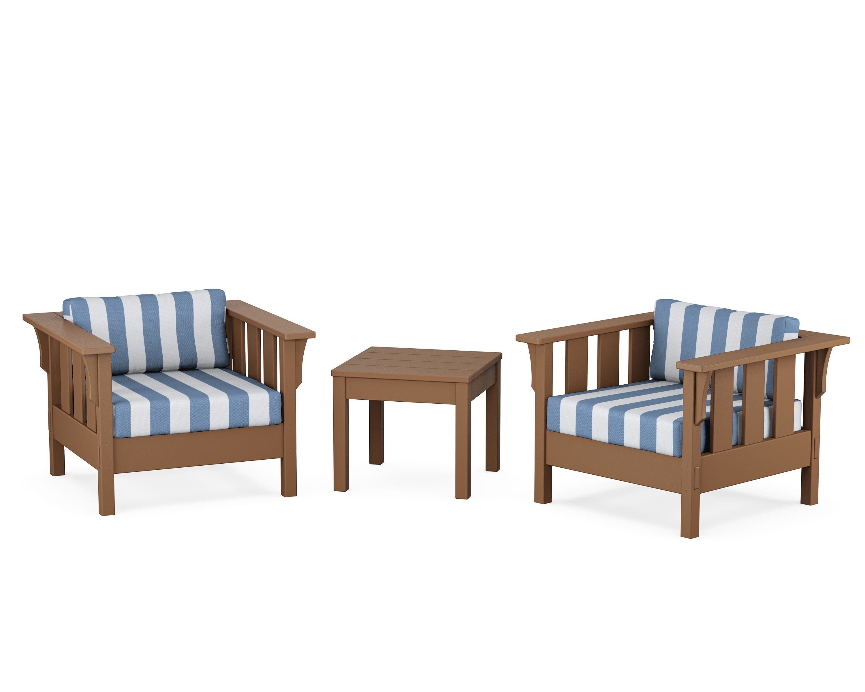 Martha Stewart by POLYWOOD® Acadia 3-Piece Deep Seating Set in Teak / Cabana Stripe Sky Blue