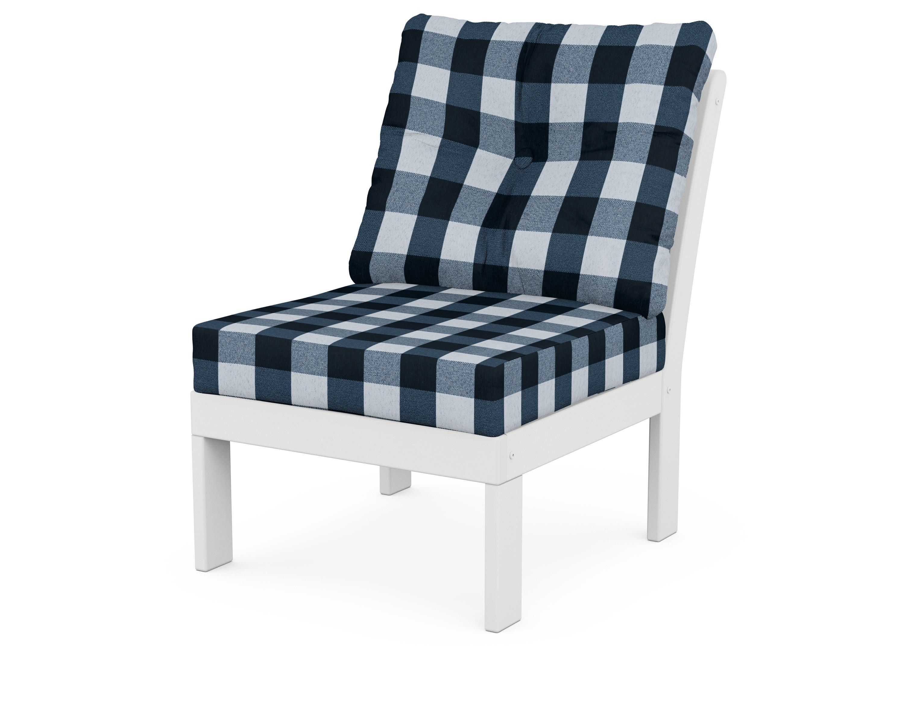 POLYWOOD® Vineyard Modular Armless Chair in White / Buffalo Plaid Marine Indigo