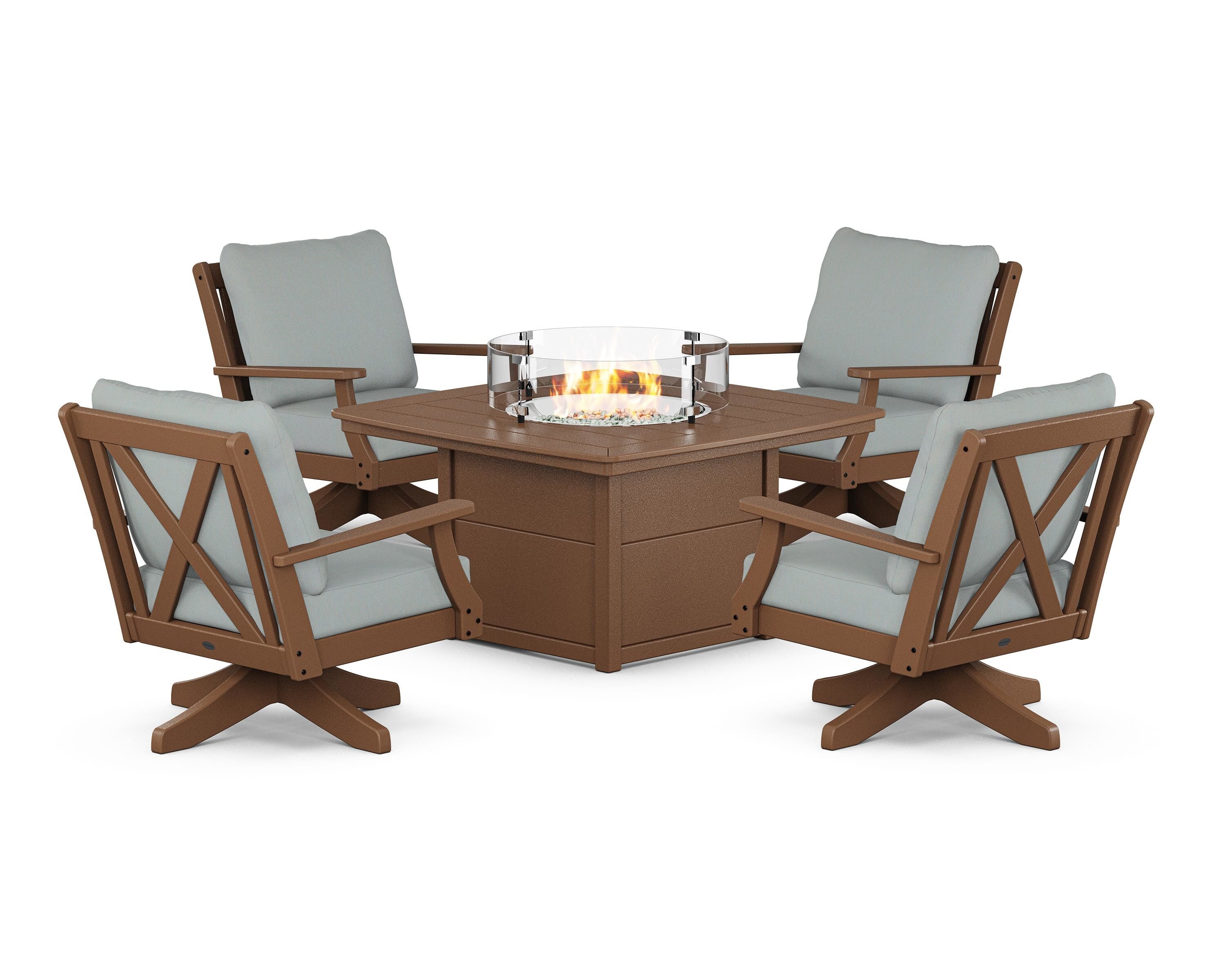 POLYWOOD® Braxton 5-Piece Deep Seating Swivel Conversation Set with Fire Pit Table in Teak / Spa