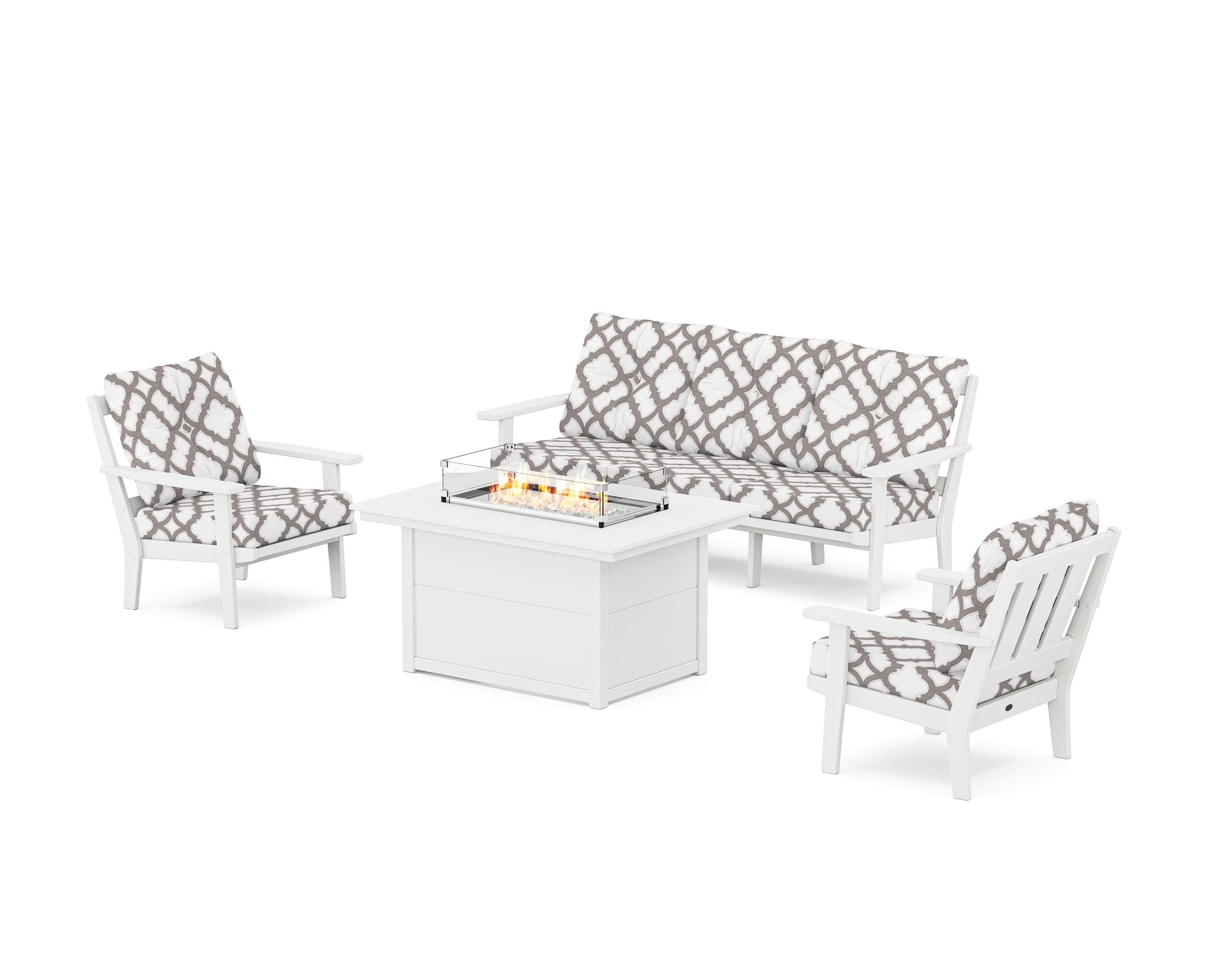 POLYWOOD® Oxford Deep Seating Fire Pit Table Set in White / Trellis Grey Mist