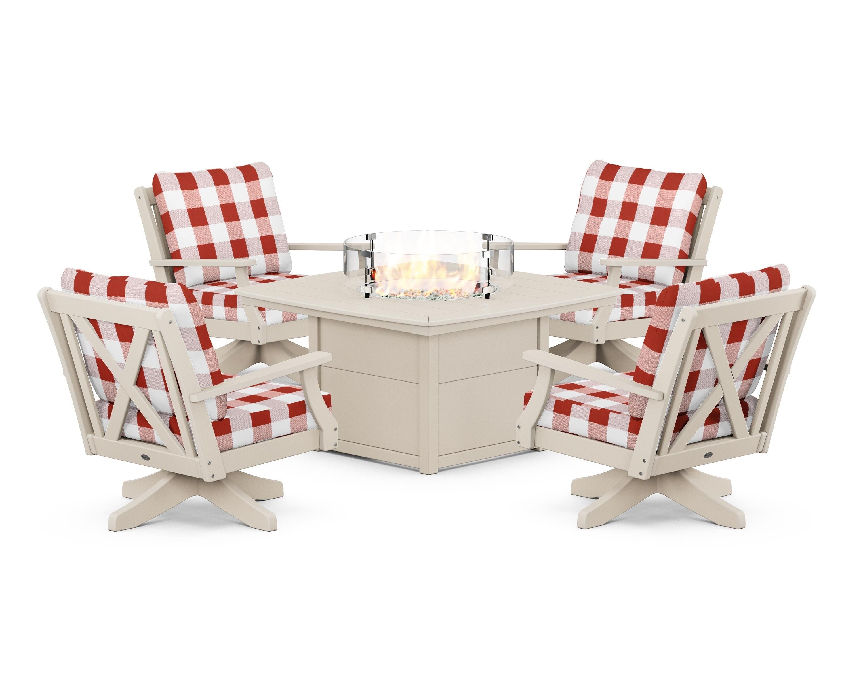 POLYWOOD® Braxton 5-Piece Deep Seating Swivel Conversation Set with Fire Pit Table in Sand / Buffalo Plaid Crimson