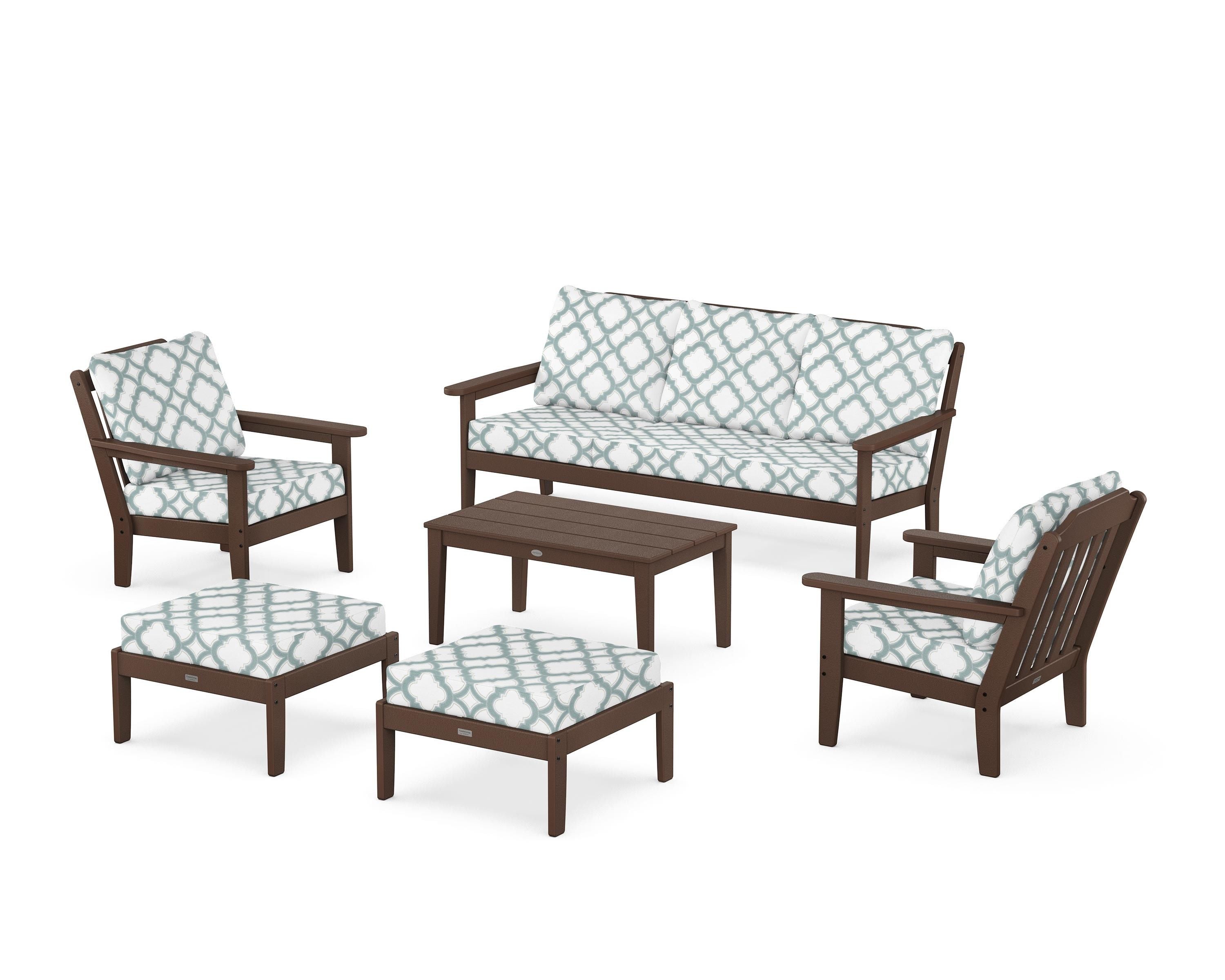 Country Living Cottage 6-Piece Lounge Sofa Set in Mahogany / Trellis Glacier Spa