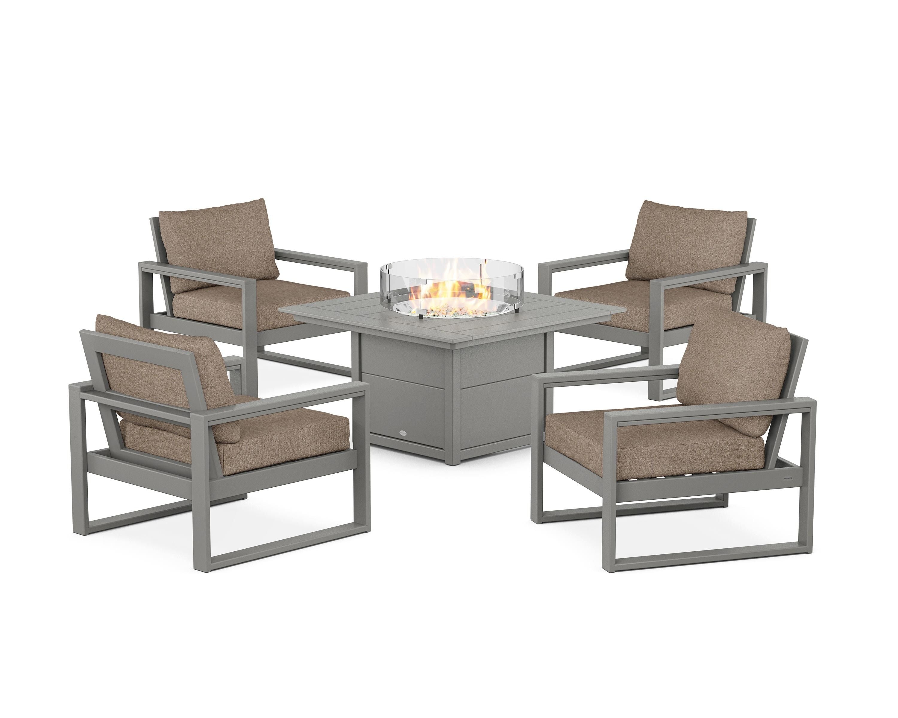 POLYWOOD® EDGE Sectional 5-Piece Deep Seating Set with Fire Pit Table in Slate Grey / Spiced Burlap