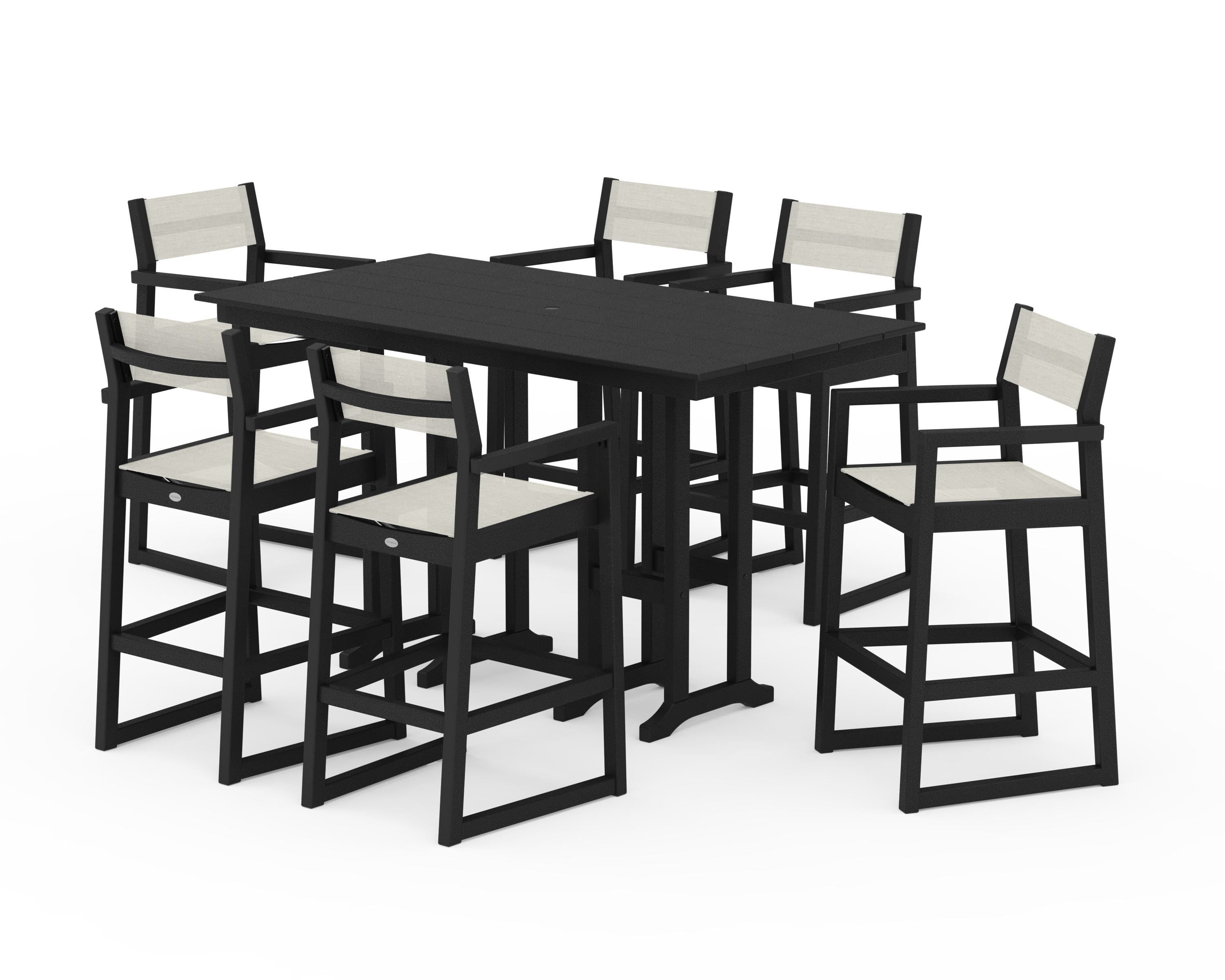 POLYWOOD® EDGE Sling Arm Chair 7-Piece Farmhouse Bar Set in Black / Parchment Sling