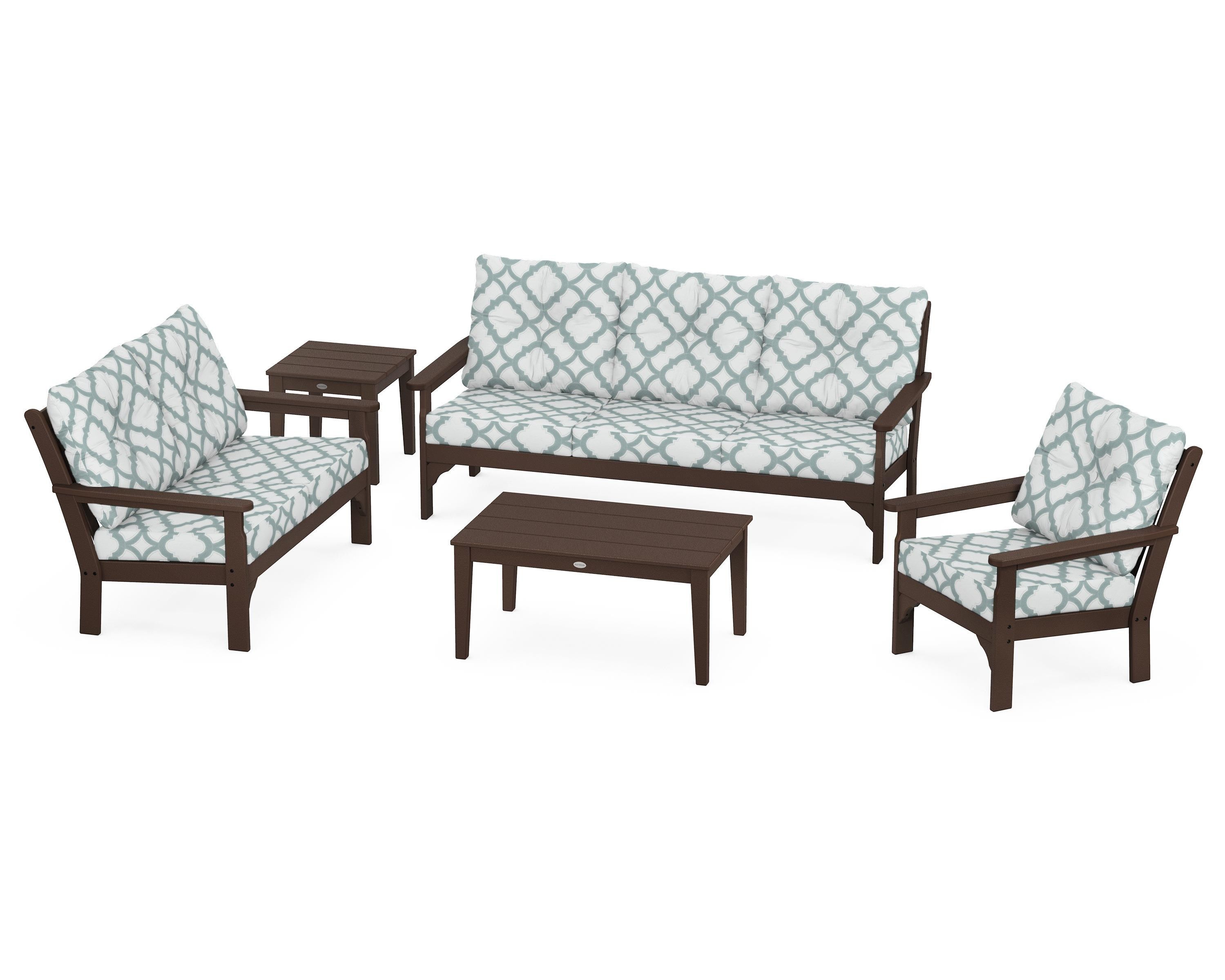 POLYWOOD® Vineyard 5 Piece Deep Seating Set in Mahogany / Trellis Glacier Spa