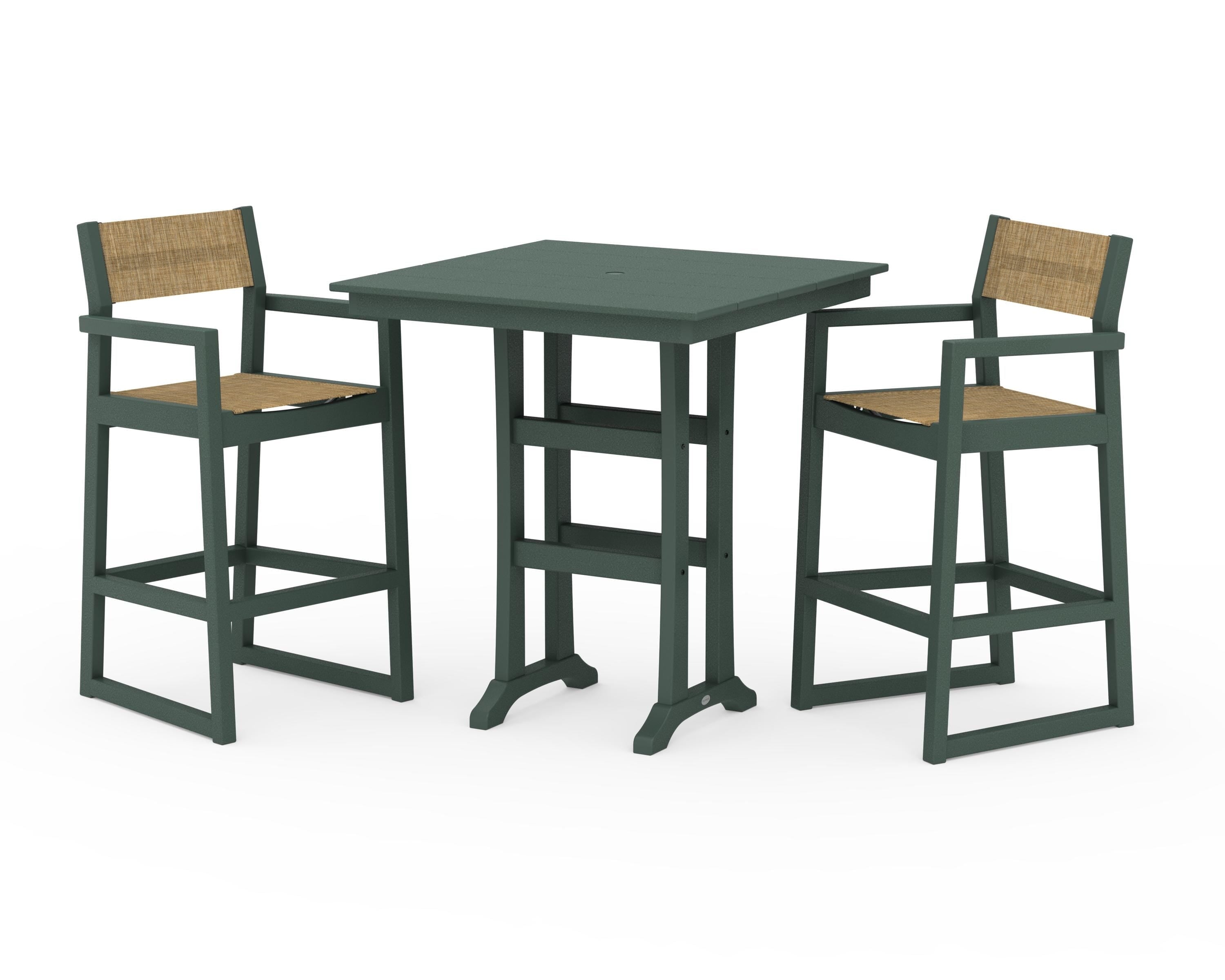 POLYWOOD® EDGE Sling Arm Chair 3-Piece Farmhouse Bar Set with Trestle Legs in Green / Burlap Sling