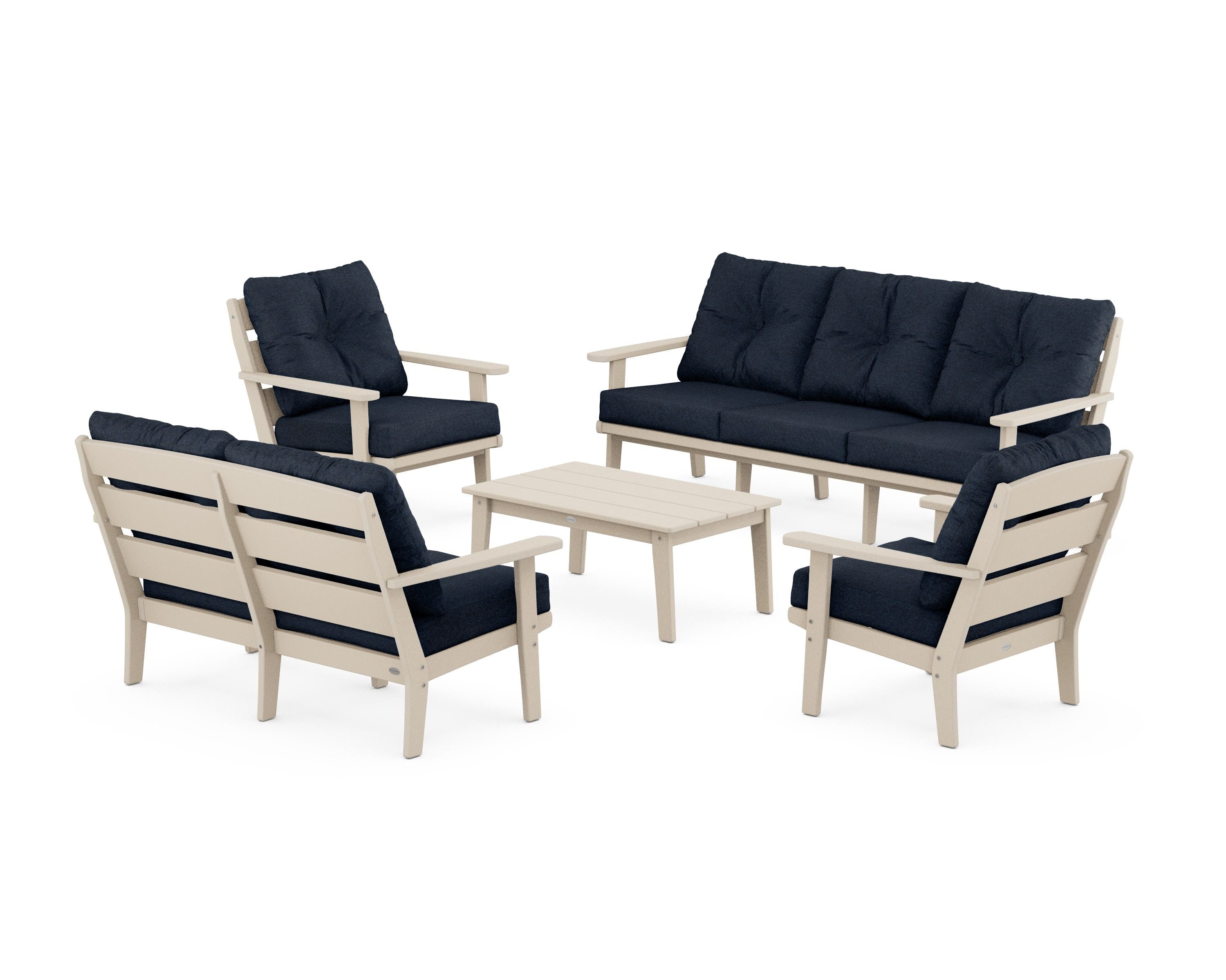 POLYWOOD® Lakeside 5-Piece Lounge Sofa Set in Sand / Marine Indigo