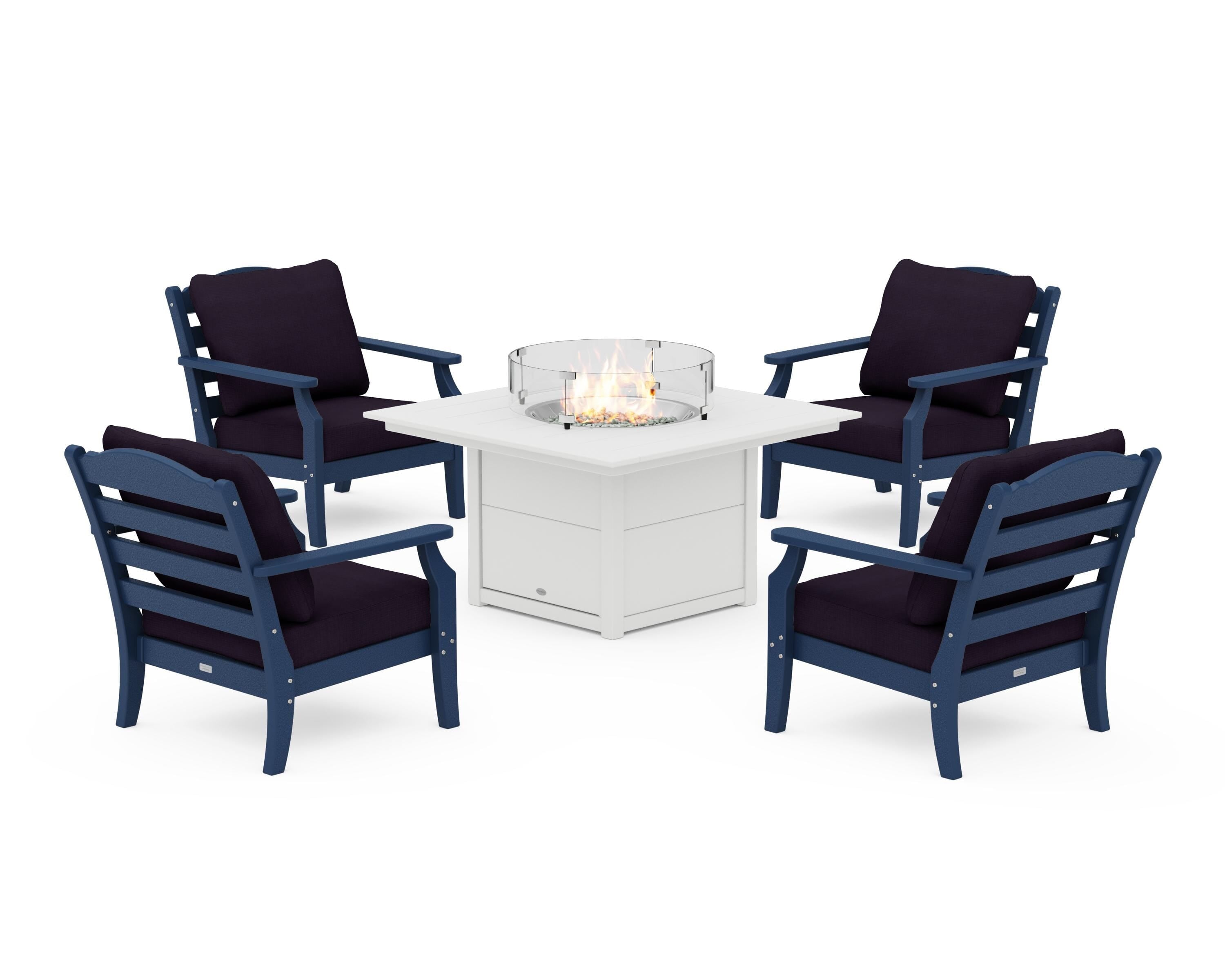 Draper James™ by POLYWOOD® Savannah 5-Piece Deep Seating Set with Fire Pit Table in Navy / Navy Linen