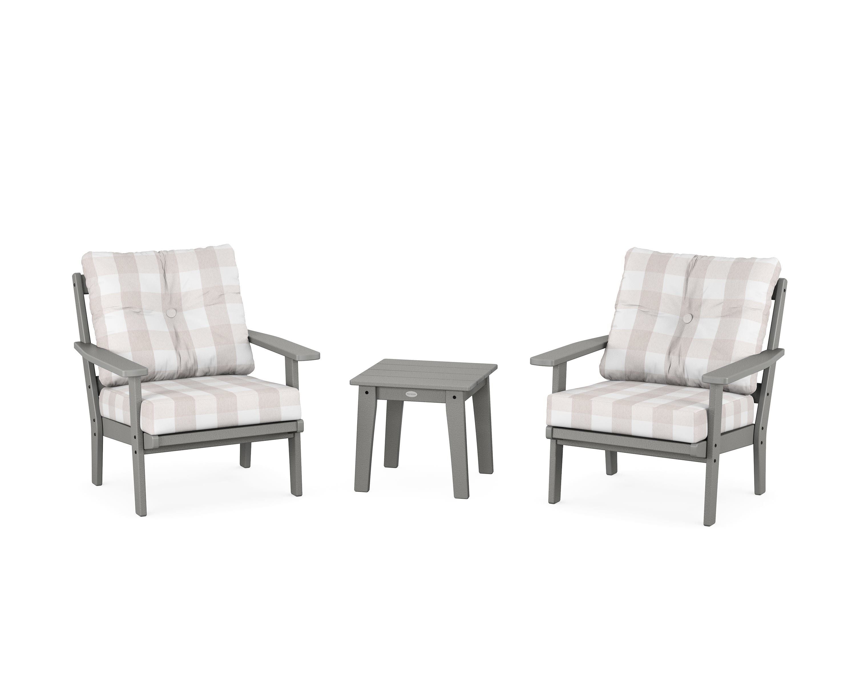POLYWOOD® Oxford 3-Piece Deep Seating Set in Slate Grey / Buffalo Plaid Dune Burlap
