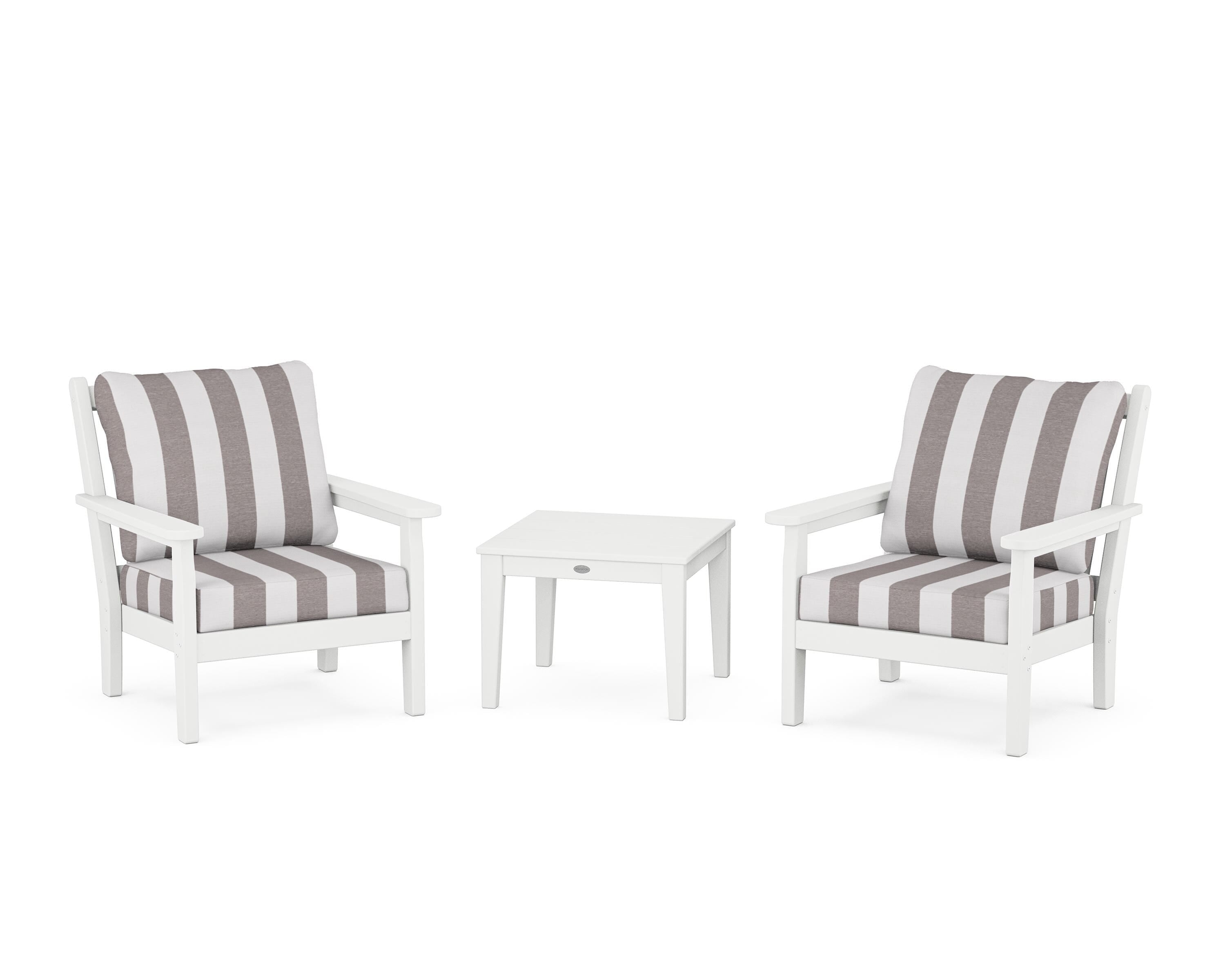 POLYWOOD® Chippendale 3-Piece Deep Seating Set in White / Cabana Stripe Grey Mist