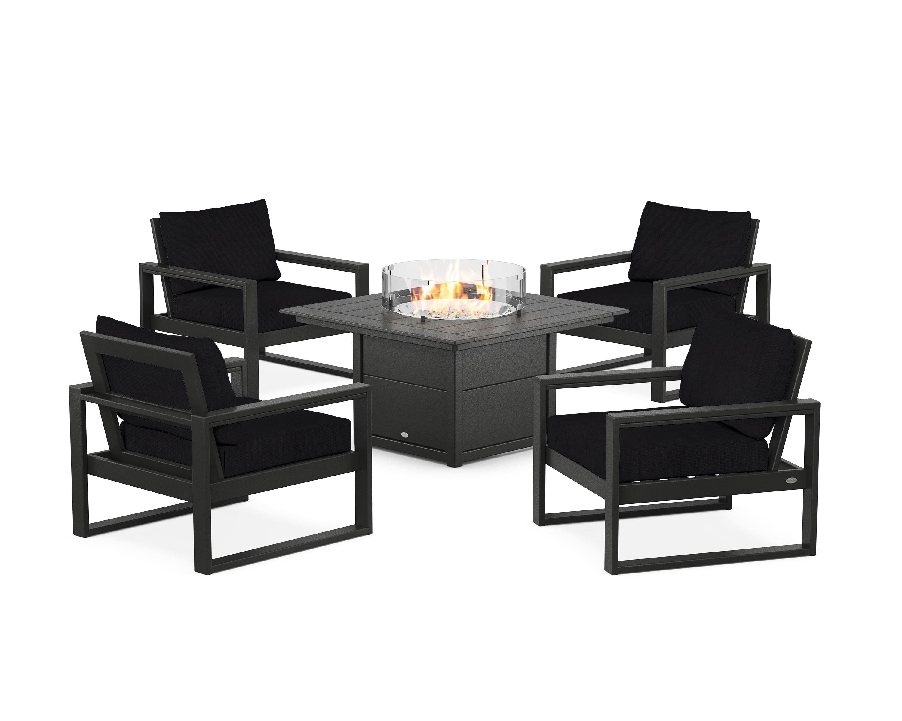 POLYWOOD® EDGE Sectional 5-Piece Deep Seating Set with Fire Pit Table in Black / Midnight Linen