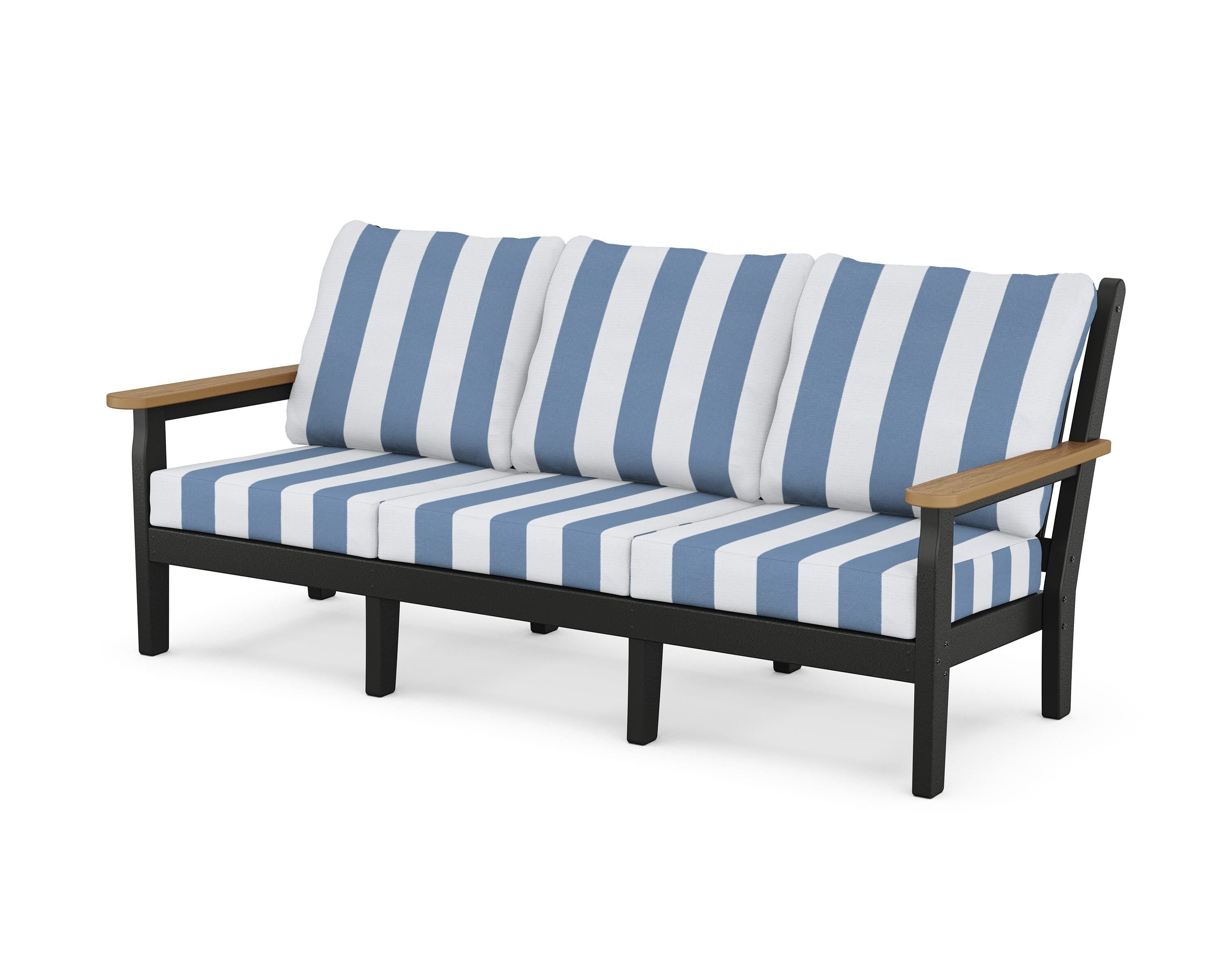 POLYWOOD® Chippendale Deep Seating Sofa in Black / Natural / Cabana Stripe Sky Blue