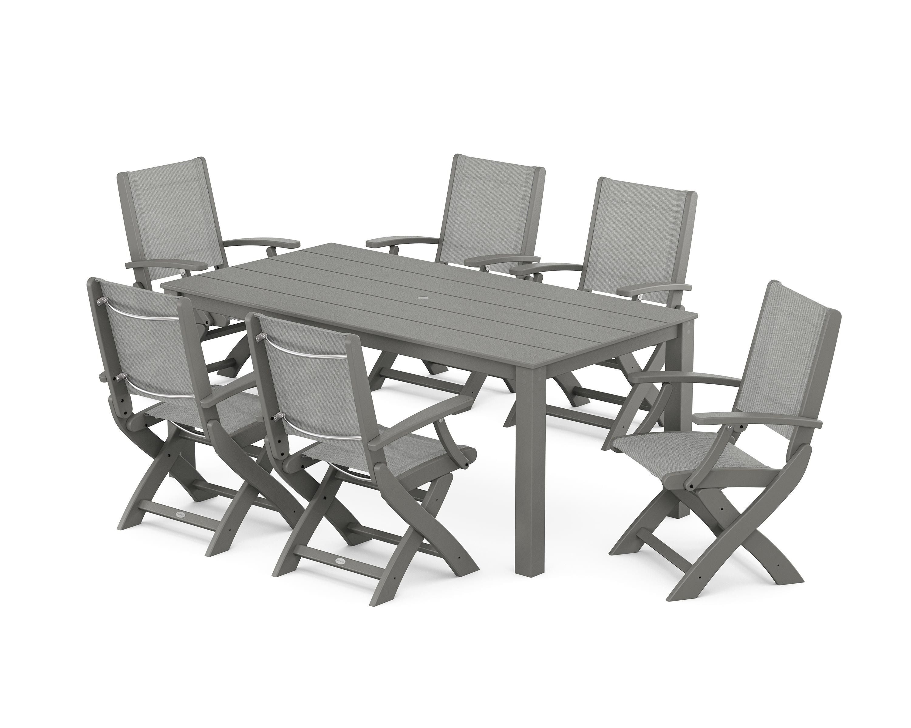 POLYWOOD® Coastal Folding Chair 7-Piece Parsons Dining Set in Slate Grey / Metallic Sling
