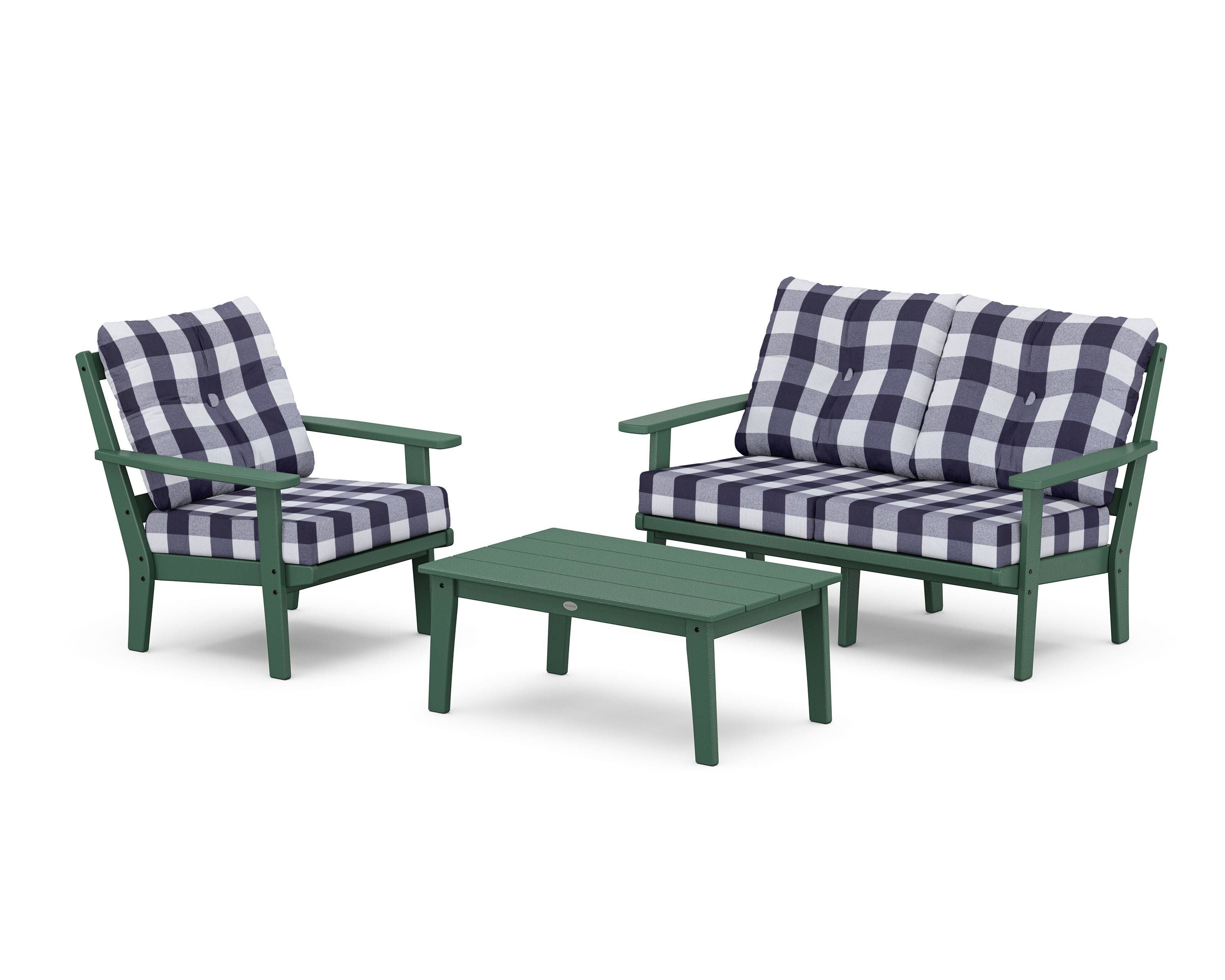 POLYWOOD® Oxford 3-Piece Deep Seating Set with Loveseat in Green / Buffalo Plaid Navy