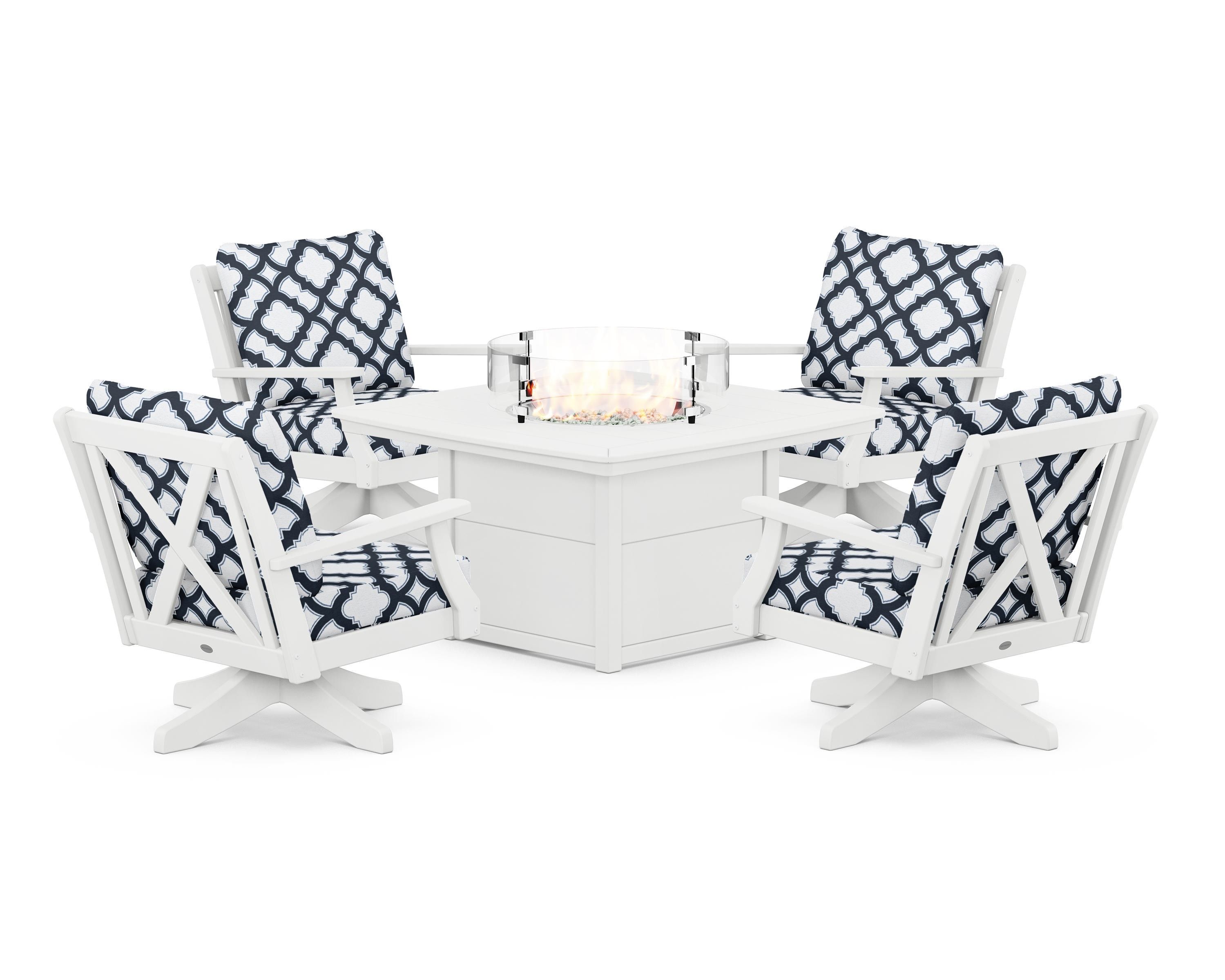 POLYWOOD® Braxton 5-Piece Deep Seating Swivel Conversation Set with Fire Pit Table in White / Trellis Marine Indigo
