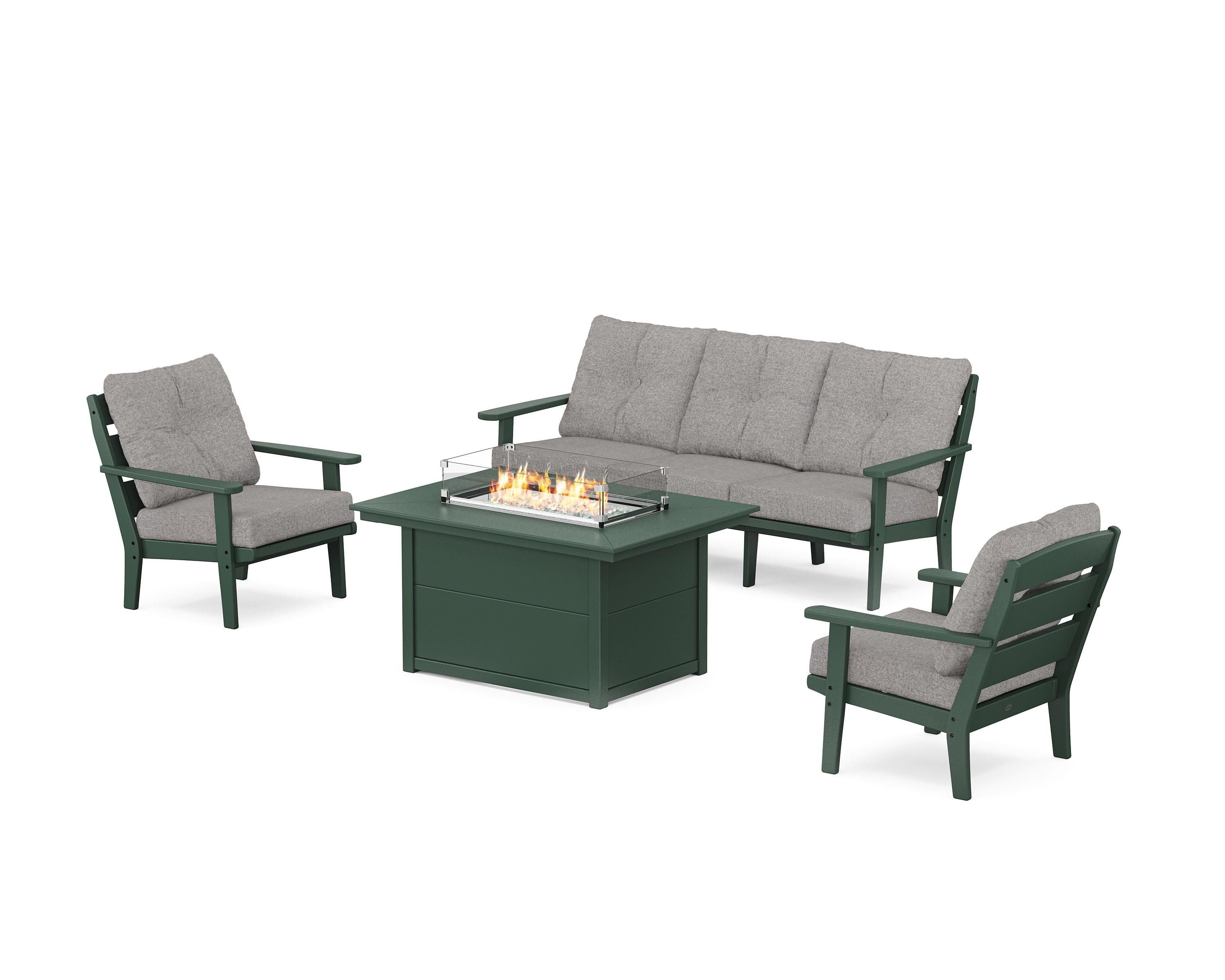 POLYWOOD® Lakeside Deep Seating Fire Pit Table Set in Green / Grey Mist