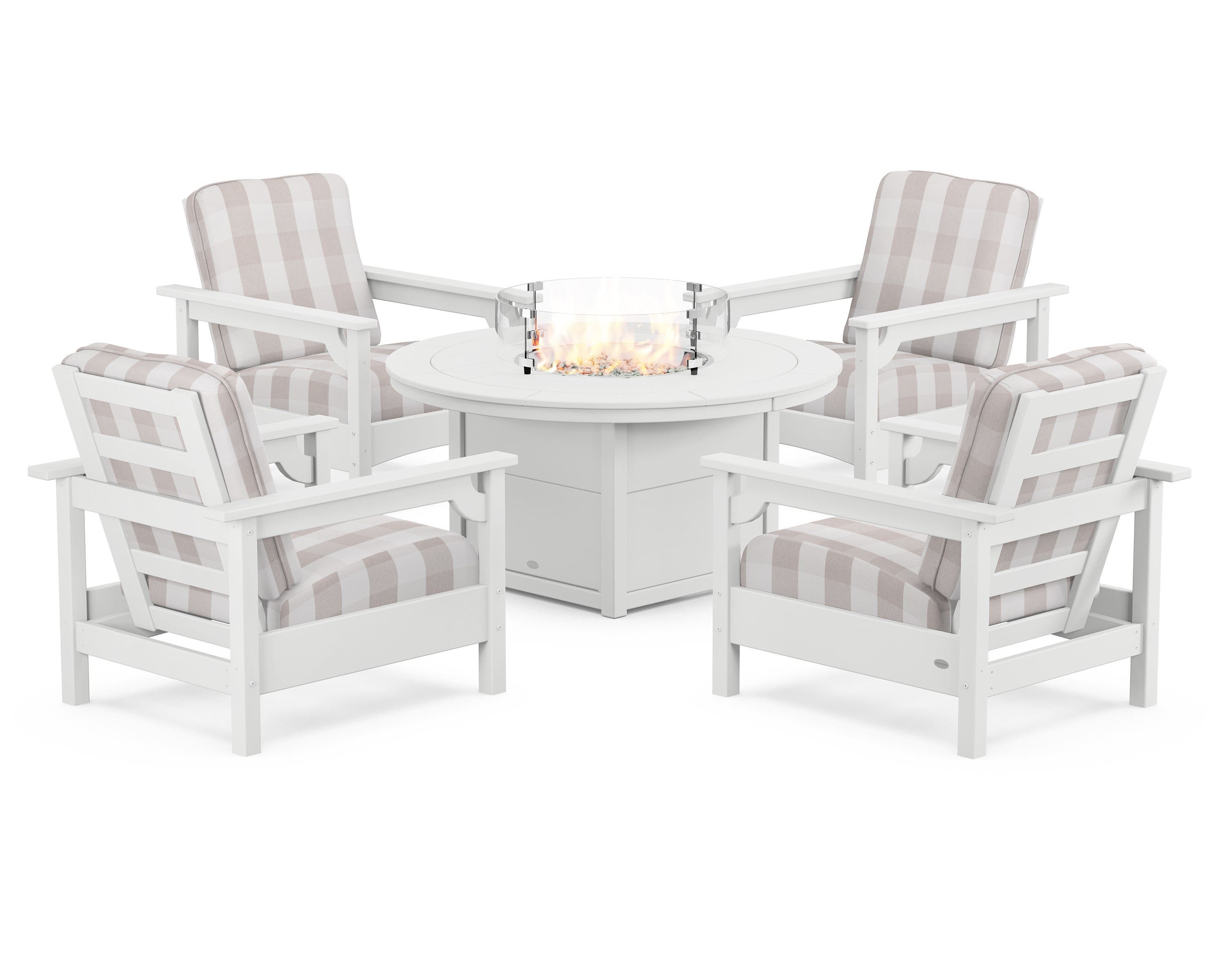 POLYWOOD® Club 5-Piece Conversation Set with Fire Pit Table in White / Buffalo Plaid Dune Burlap