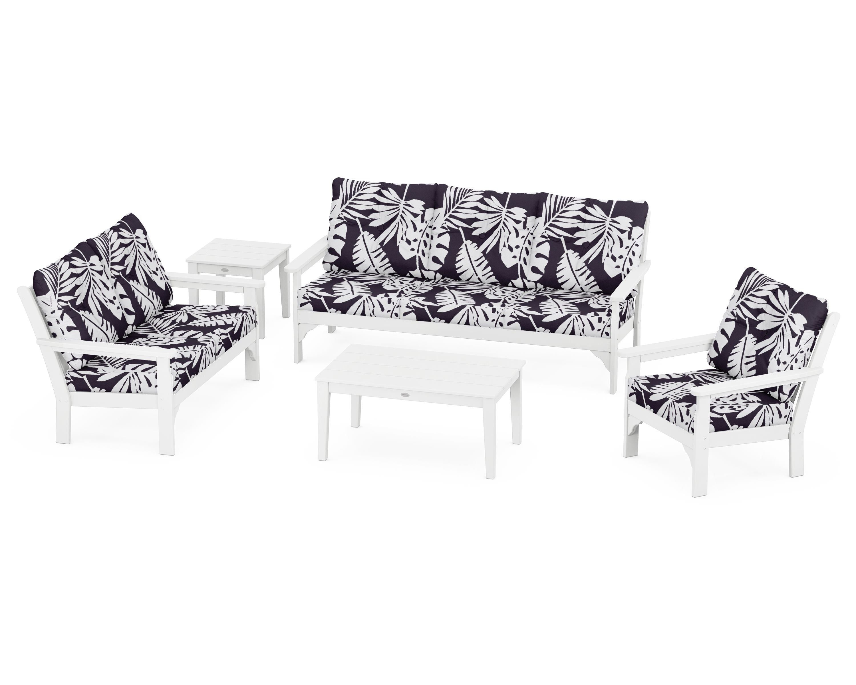 POLYWOOD® Vineyard 5 Piece Deep Seating Set in White / Leaf Navy
