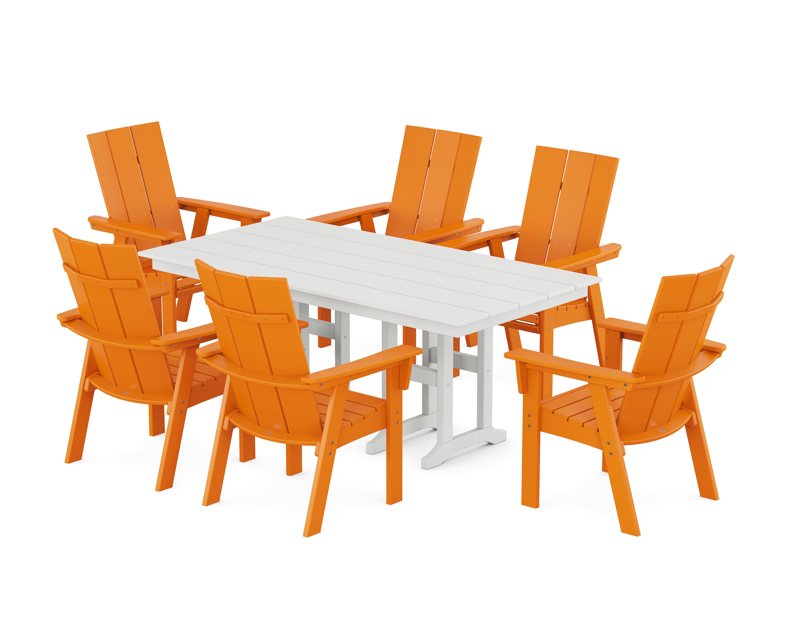 POLYWOOD® Modern Curveback Adirondack 7-Piece Farmhouse Dining Set in Tangerine / White