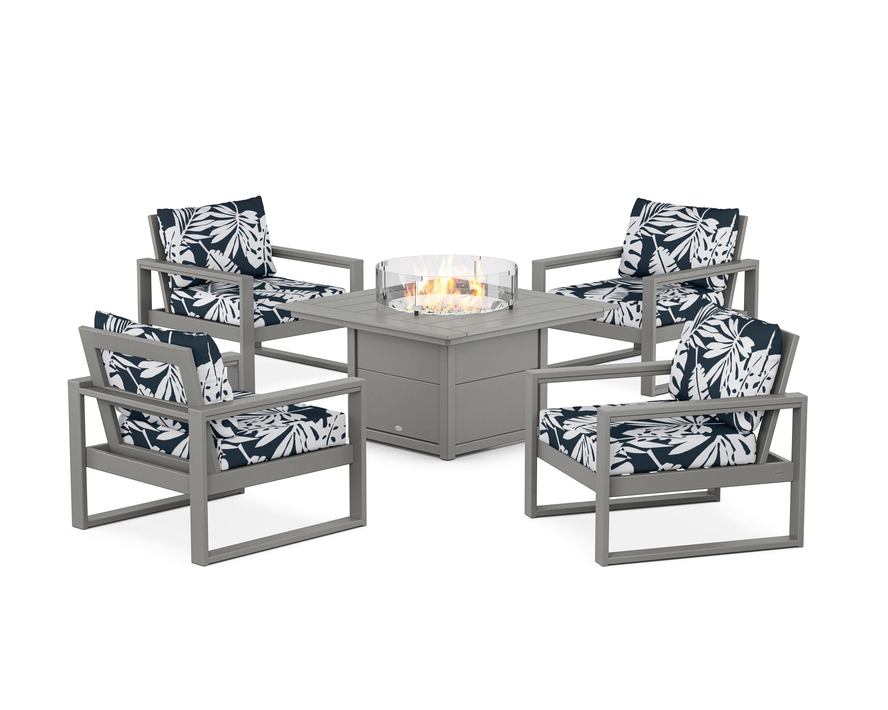 POLYWOOD® EDGE Sectional 5-Piece Deep Seating Set with Fire Pit Table in Slate Grey / Leaf Marine Indigo