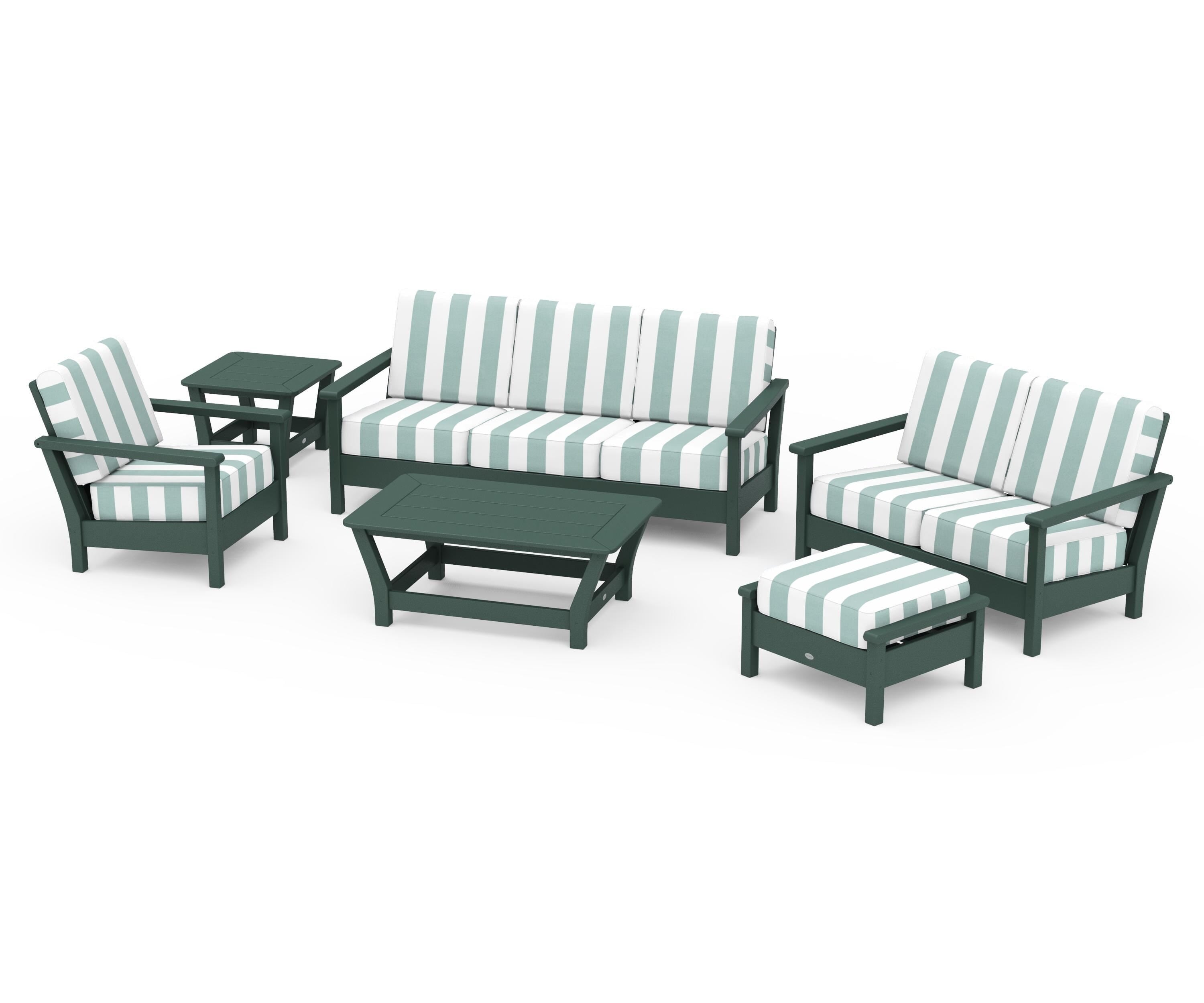 POLYWOOD® Harbour 6-Piece Outdoor Living Set in Green / Cabana Stripe Glacier Spa