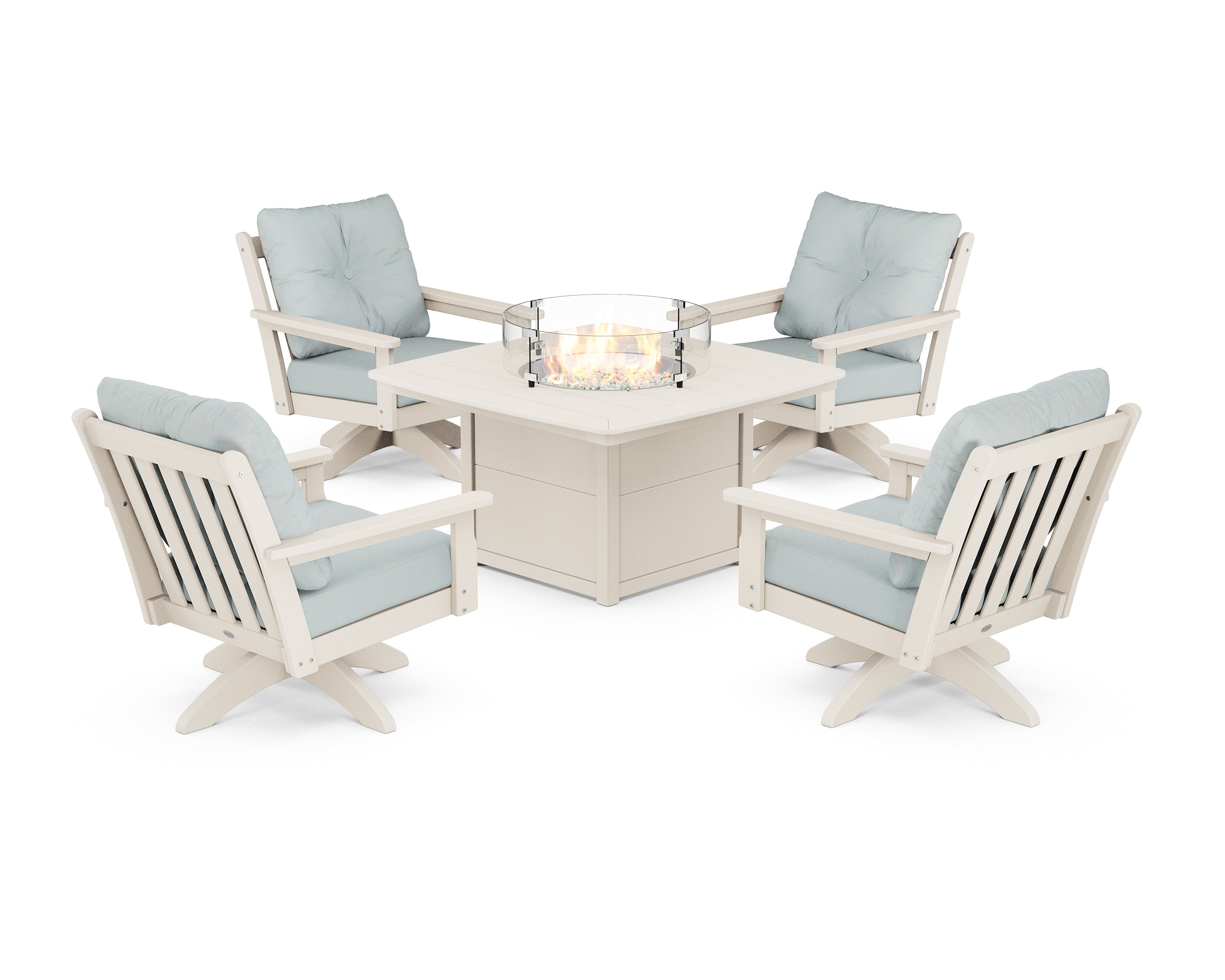 POLYWOOD® Vineyard 5-Piece Deep Seating Swivel Conversation Set with Fire Pit Table in Sand / Spa