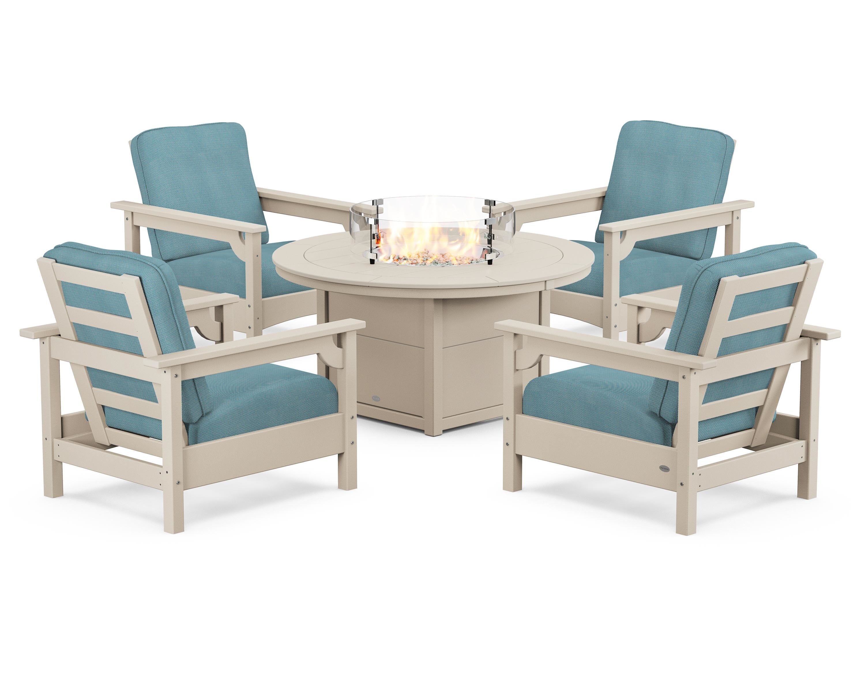 POLYWOOD® Club 5-Piece Conversation Set with Fire Pit Table in Sand / Lattice Sky Blue