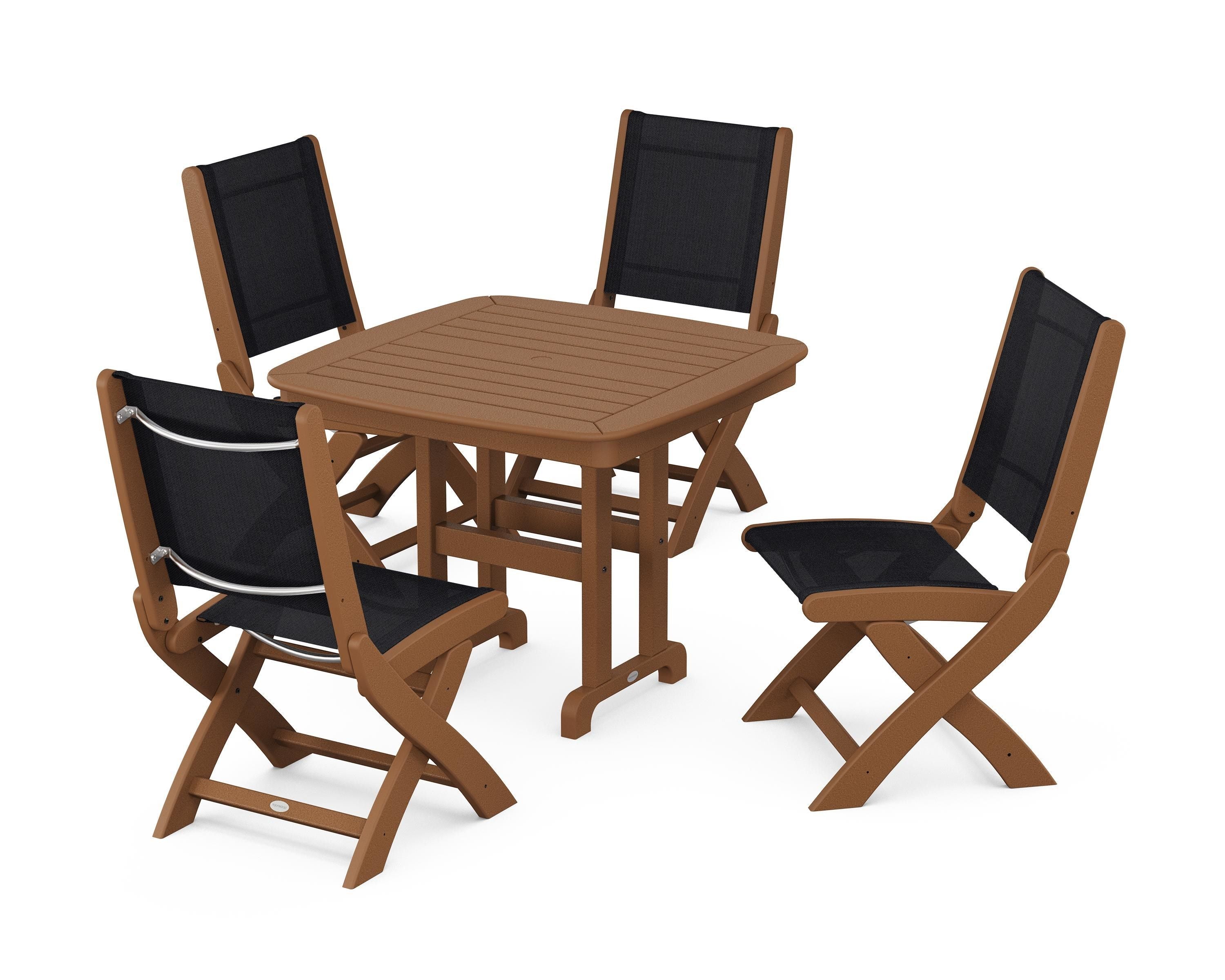 POLYWOOD® Coastal Folding Side Chair 5-Piece Dining Set in Teak / Black Sling