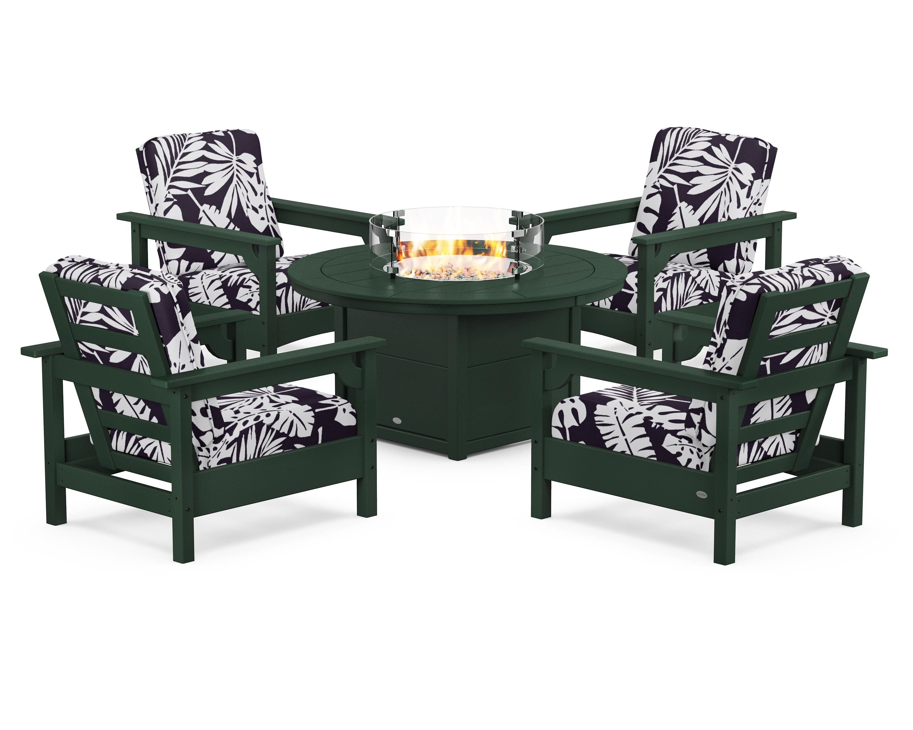 POLYWOOD® Club 5-Piece Conversation Set with Fire Pit Table in Green / Leaf Navy