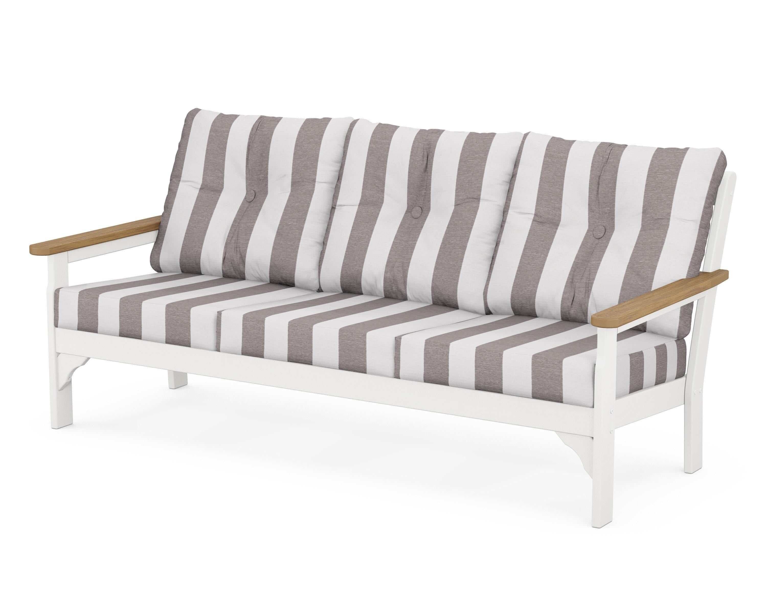 POLYWOOD® Vineyard Deep Seating Sofa in White / Natural / Cabana Stripe Grey Mist