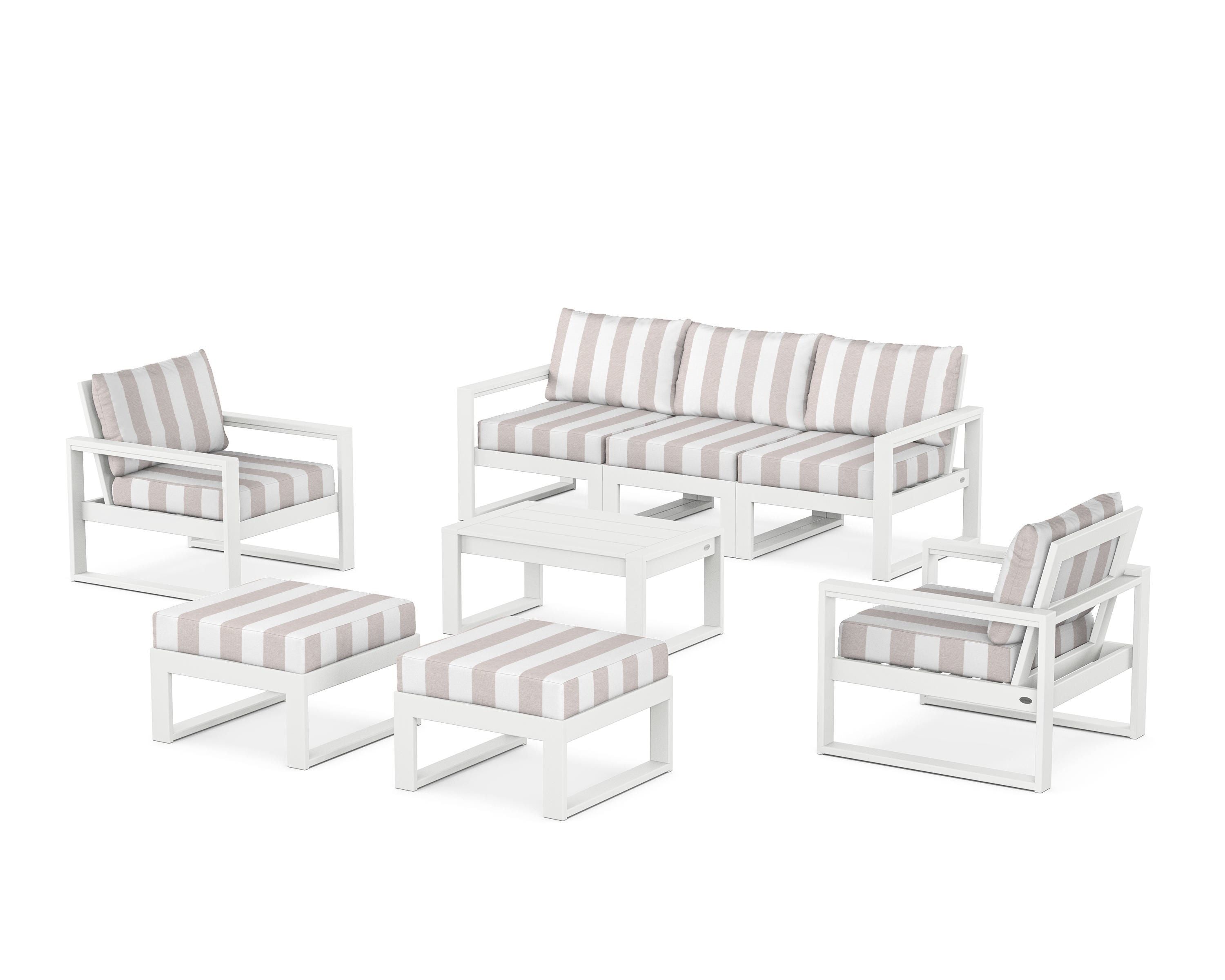 POLYWOOD® EDGE Sectional 8-Piece Lounge Sofa Set in White / Cabana Stripe Dune Burlap