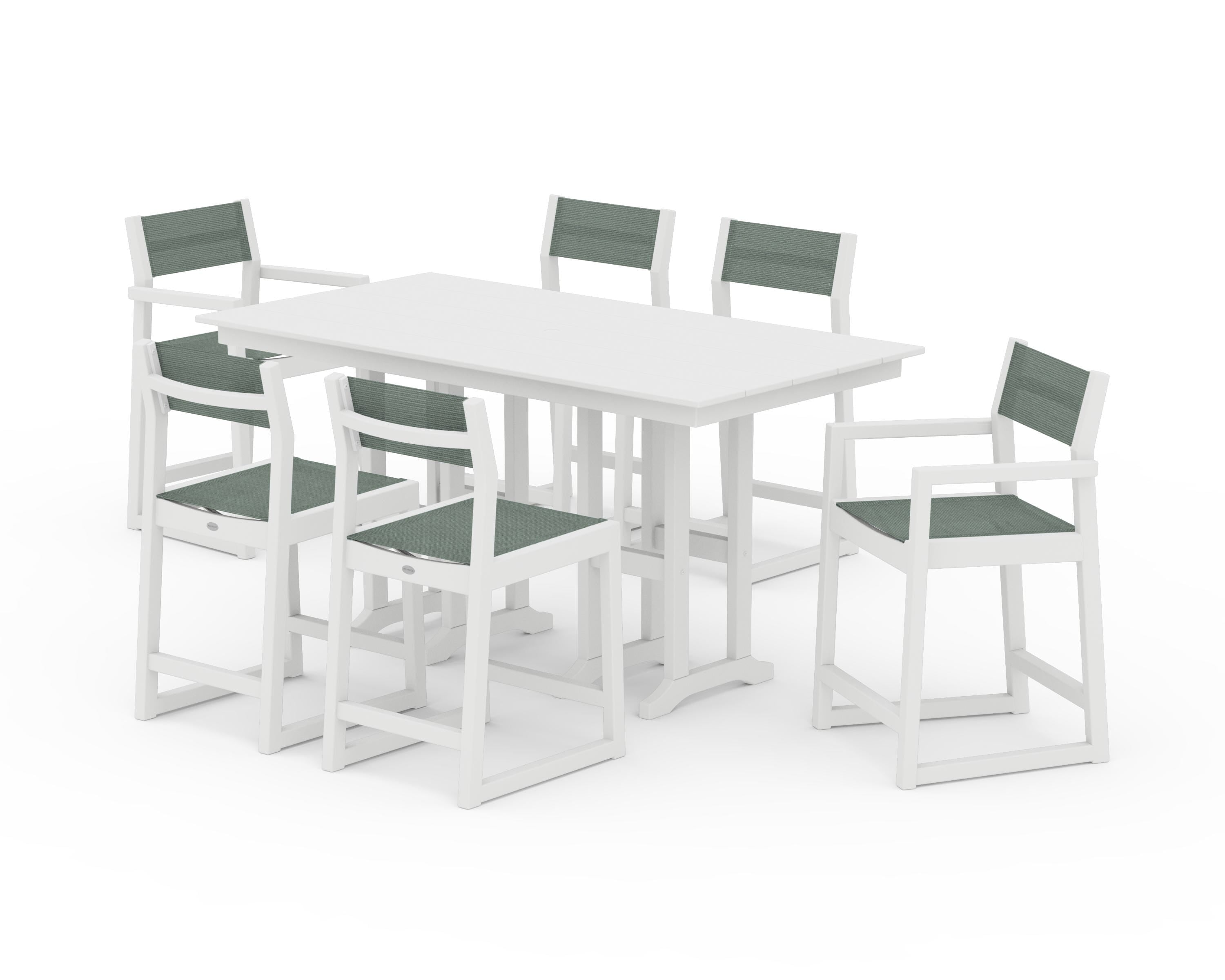 POLYWOOD® EDGE Sling 7-Piece Farmhouse Counter Set with Trestle Legs in White / Dupioni Sea Mist Sling