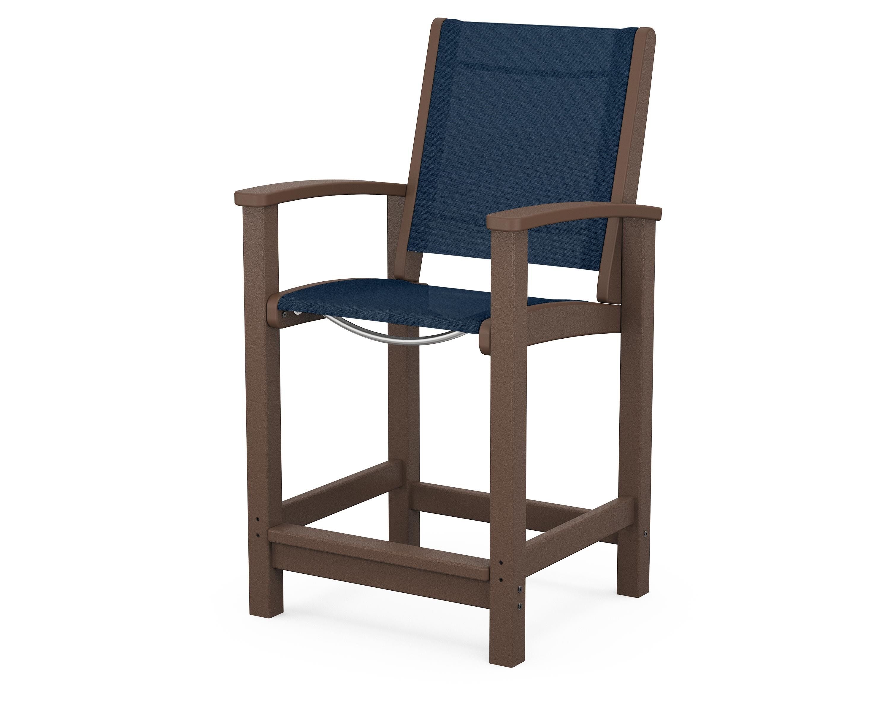 POLYWOOD® Coastal Counter Chair in Mahogany / Navy Blue Sling
