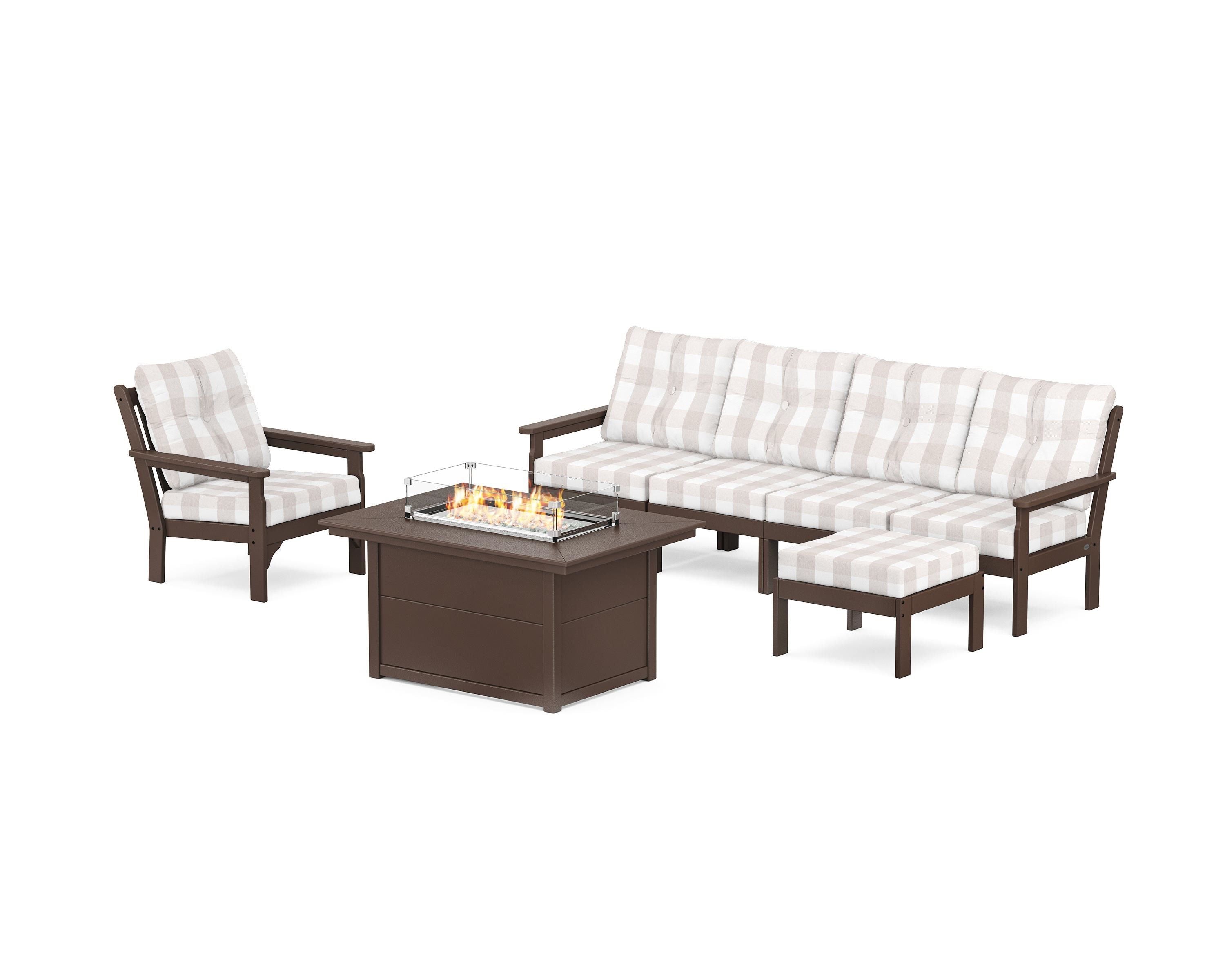 POLYWOOD® Vineyard Sectional Lounge and Fire Pit Set in Mahogany / Buffalo Plaid Dune Burlap