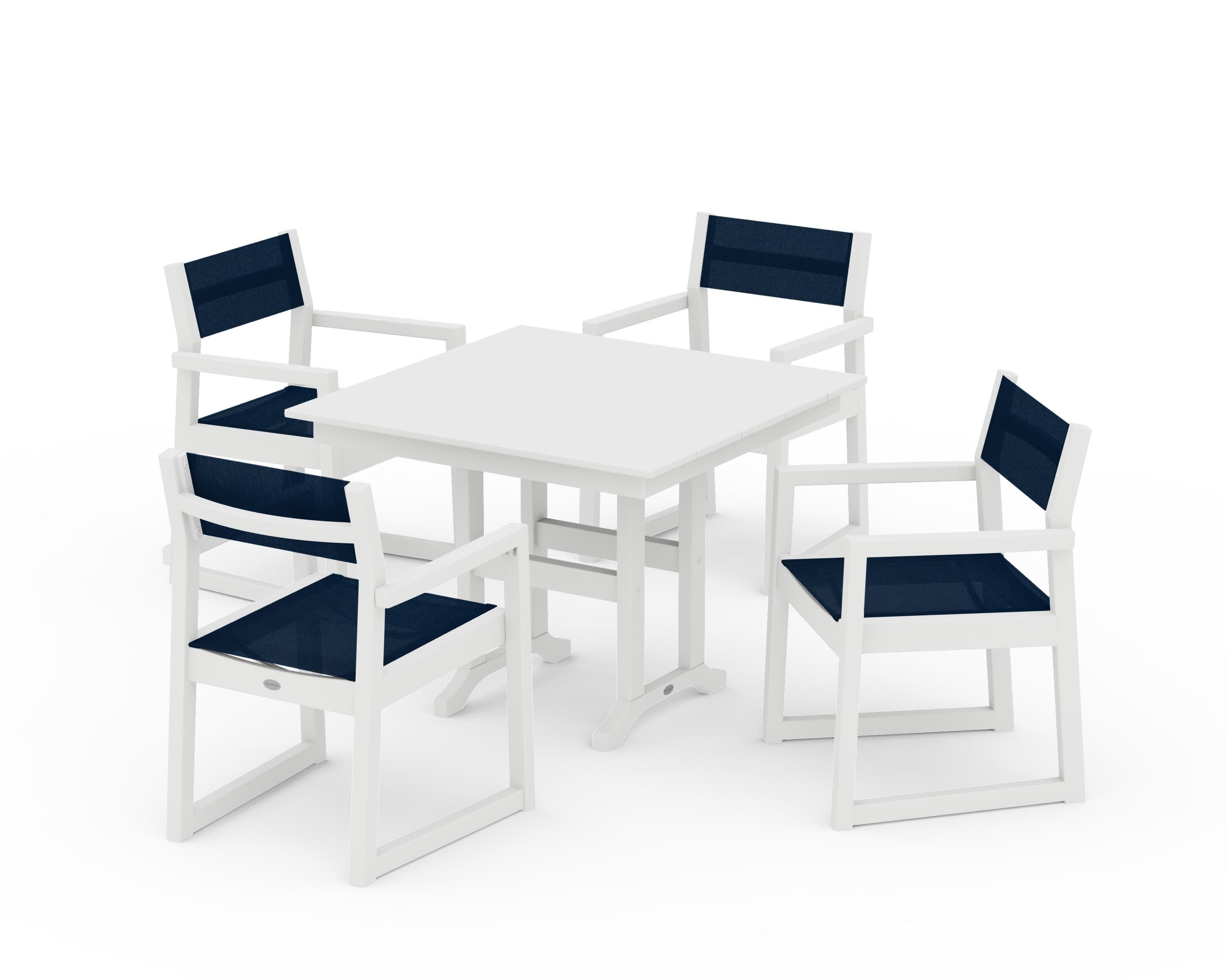 POLYWOOD® EDGE Sling Arm Chair 5-Piece Farmhouse Dining Set in White / Navy Blue Sling