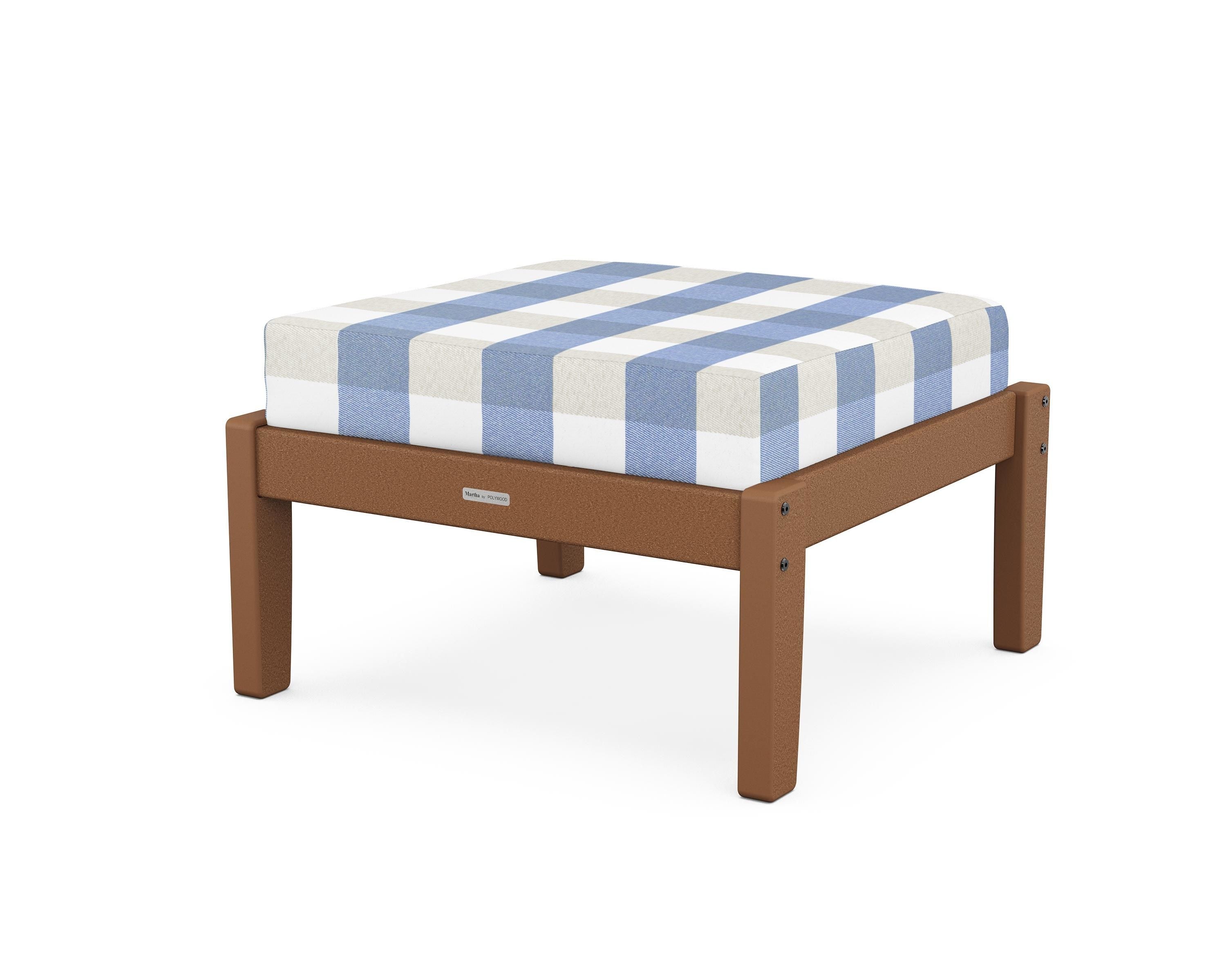 Martha Stewart by POLYWOOD® Chinoiserie Deep Seating Ottoman in Teak / Buffalo Plaid Sky Blue