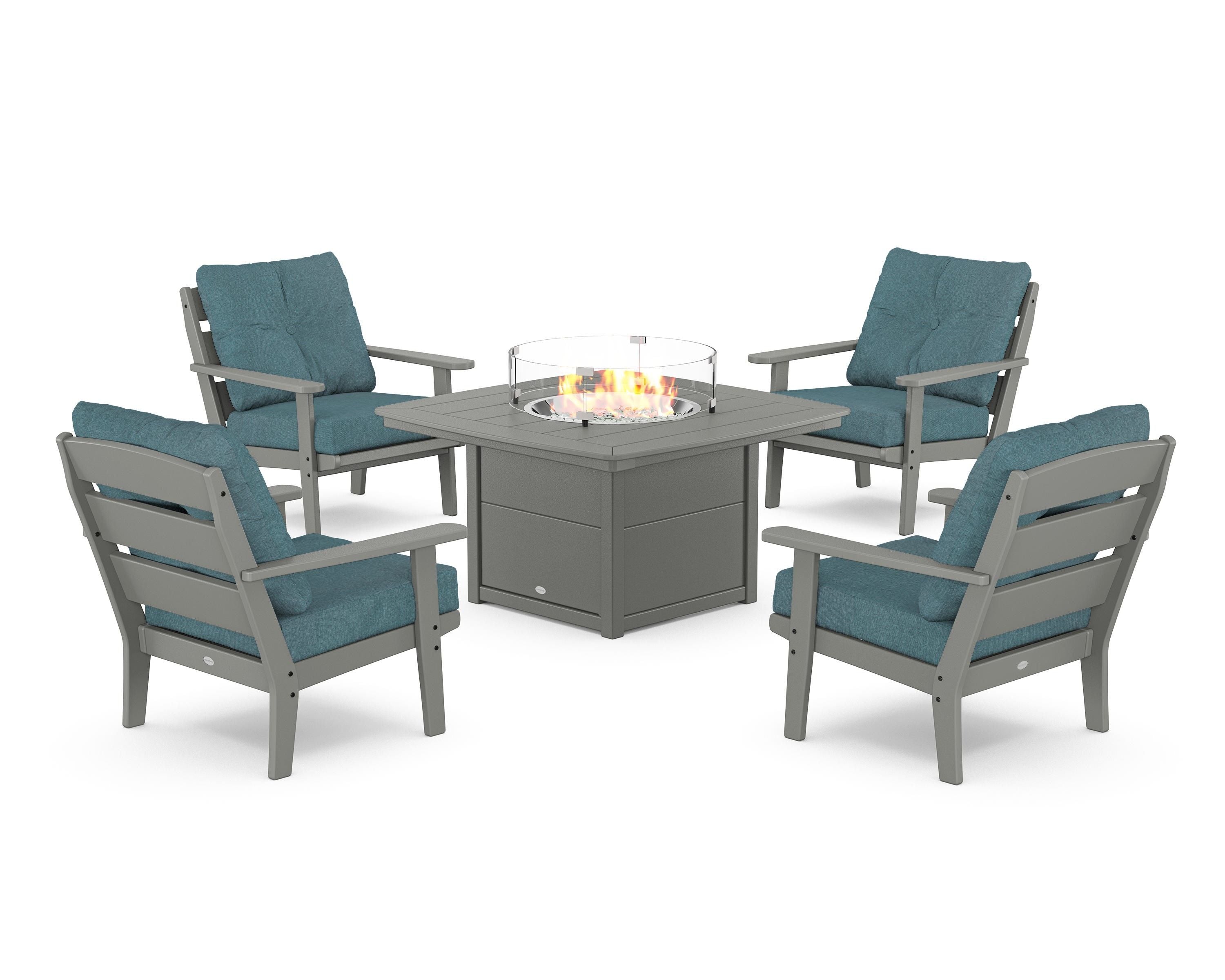 POLYWOOD® Lakeside 5-Piece Deep Seating Set with Nautical Fire Pit Table in Slate Grey / Ocean Teal