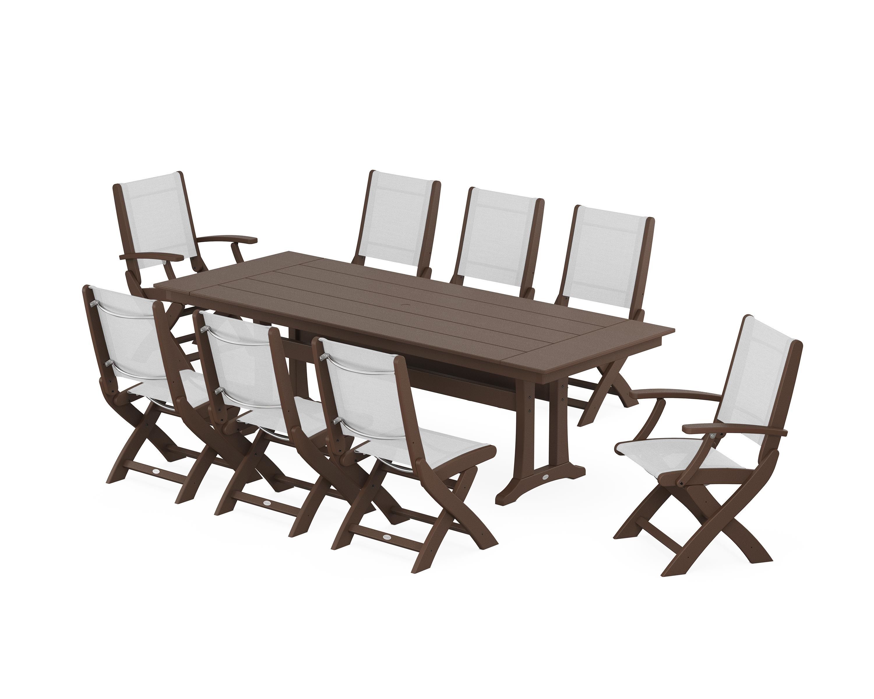 POLYWOOD® Coastal 9-Piece Folding Dining Chair Farmhouse Dining Set with Trestle Legs in Mahogany / White Sling