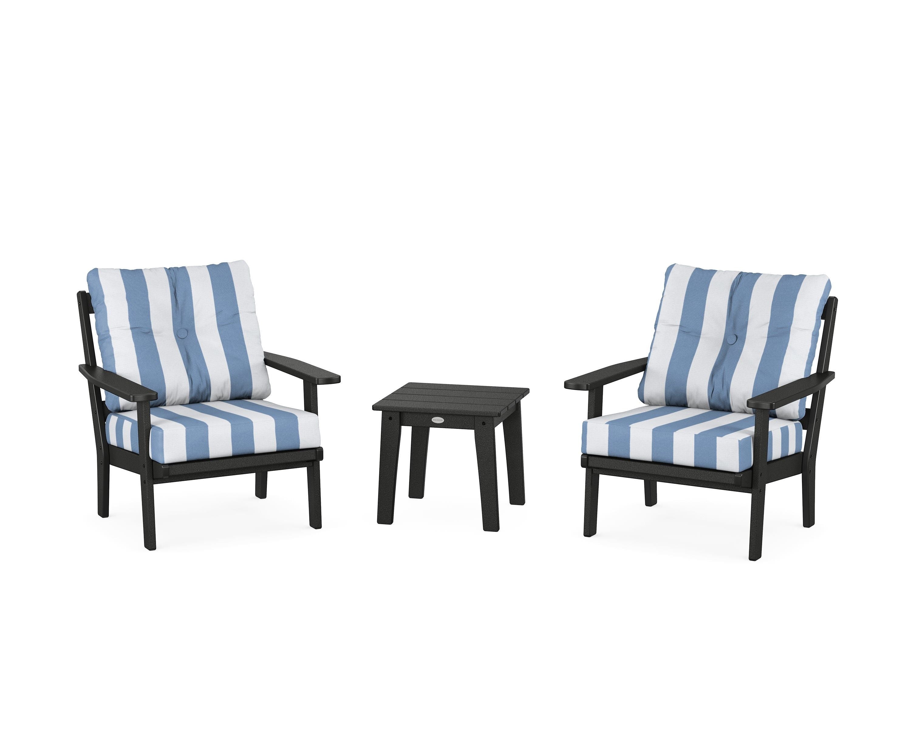 POLYWOOD® Prairie 3-Piece Deep Seating Set in Black / Cabana Stripe Sky Blue