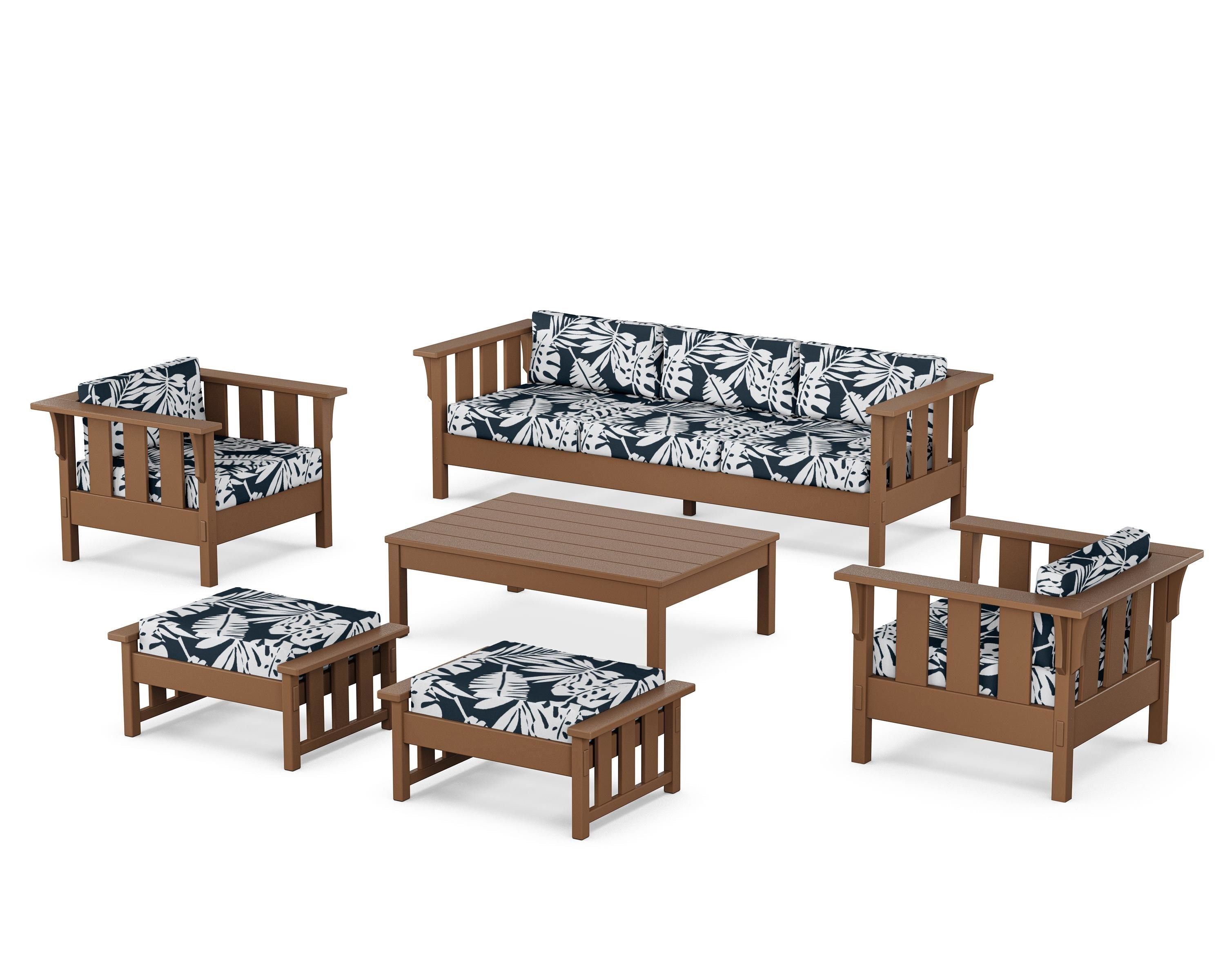 Martha Stewart by POLYWOOD® Acadia 6-Piece Lounge Sofa Set in Teak / Leaf Marine Indigo