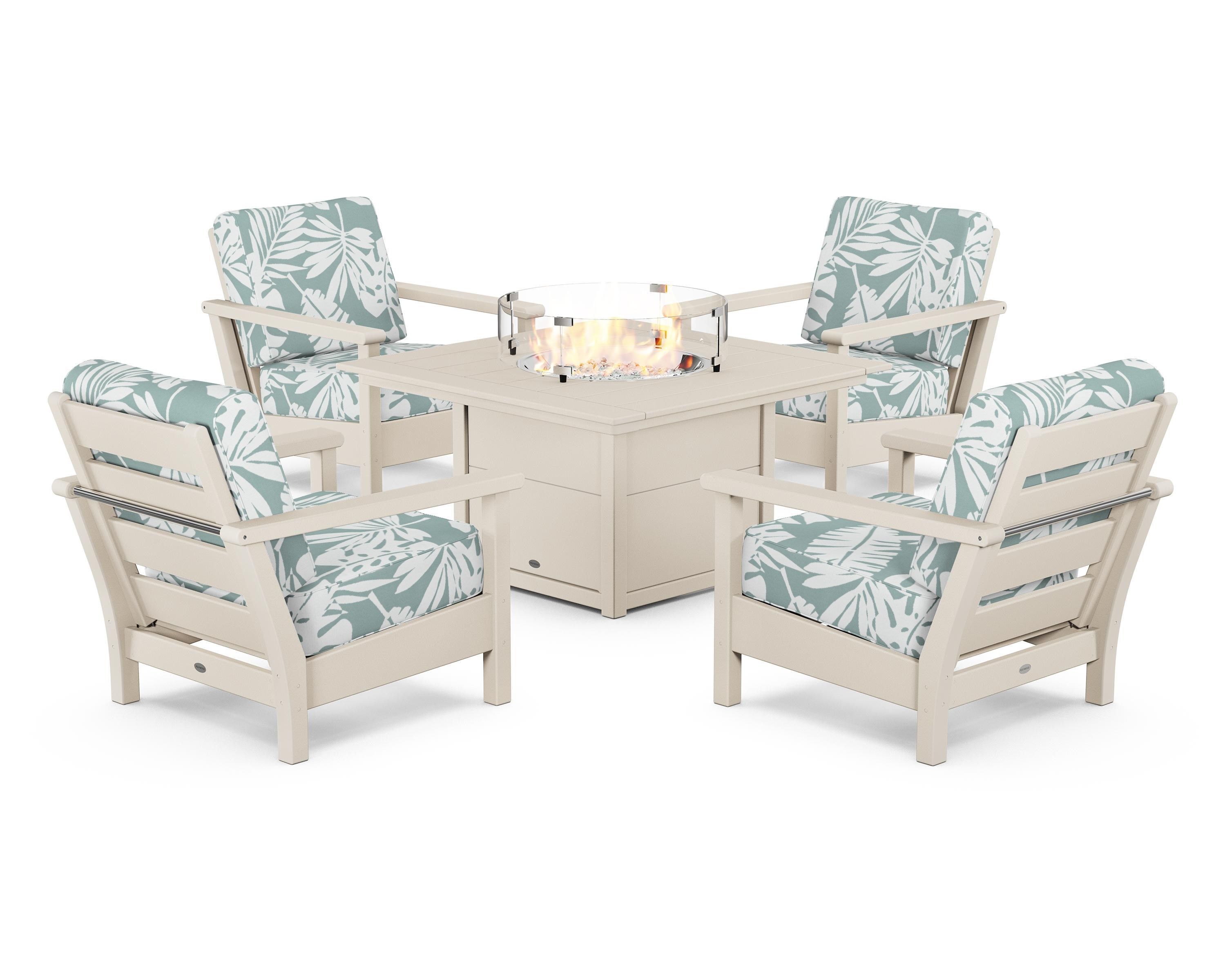 POLYWOOD® Harbour 5-Piece Conversation Set with Fire Pit Table in Sand / Leaf Glacier Spa
