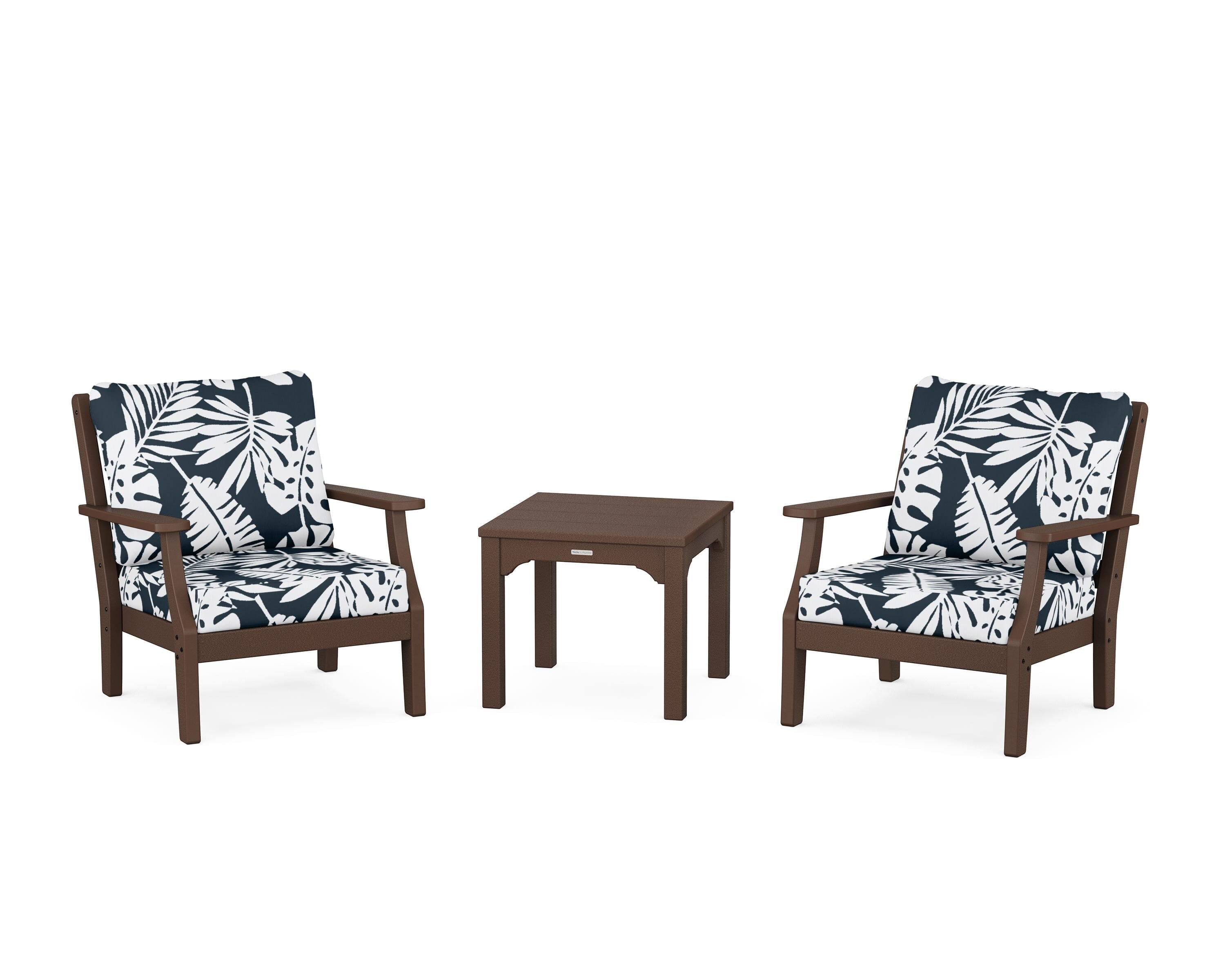 Martha Stewart by POLYWOOD® Chinoiserie 3-Piece Deep Seating Set in Mahogany / Leaf Marine Indigo