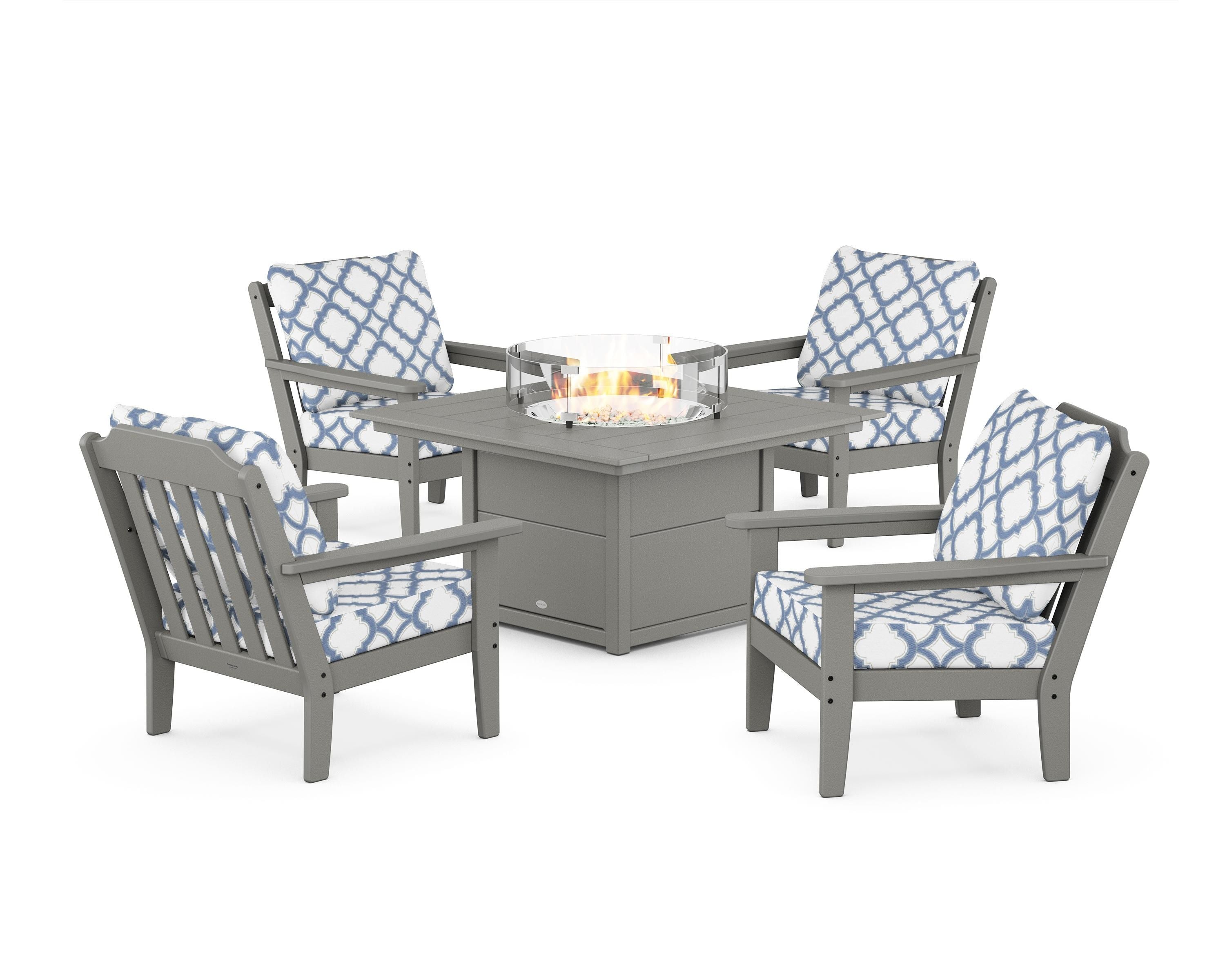Country Living Cottage 5-Piece Deep Seating Set with Fire Pit Table in Slate Grey / Trellis Sky Blue