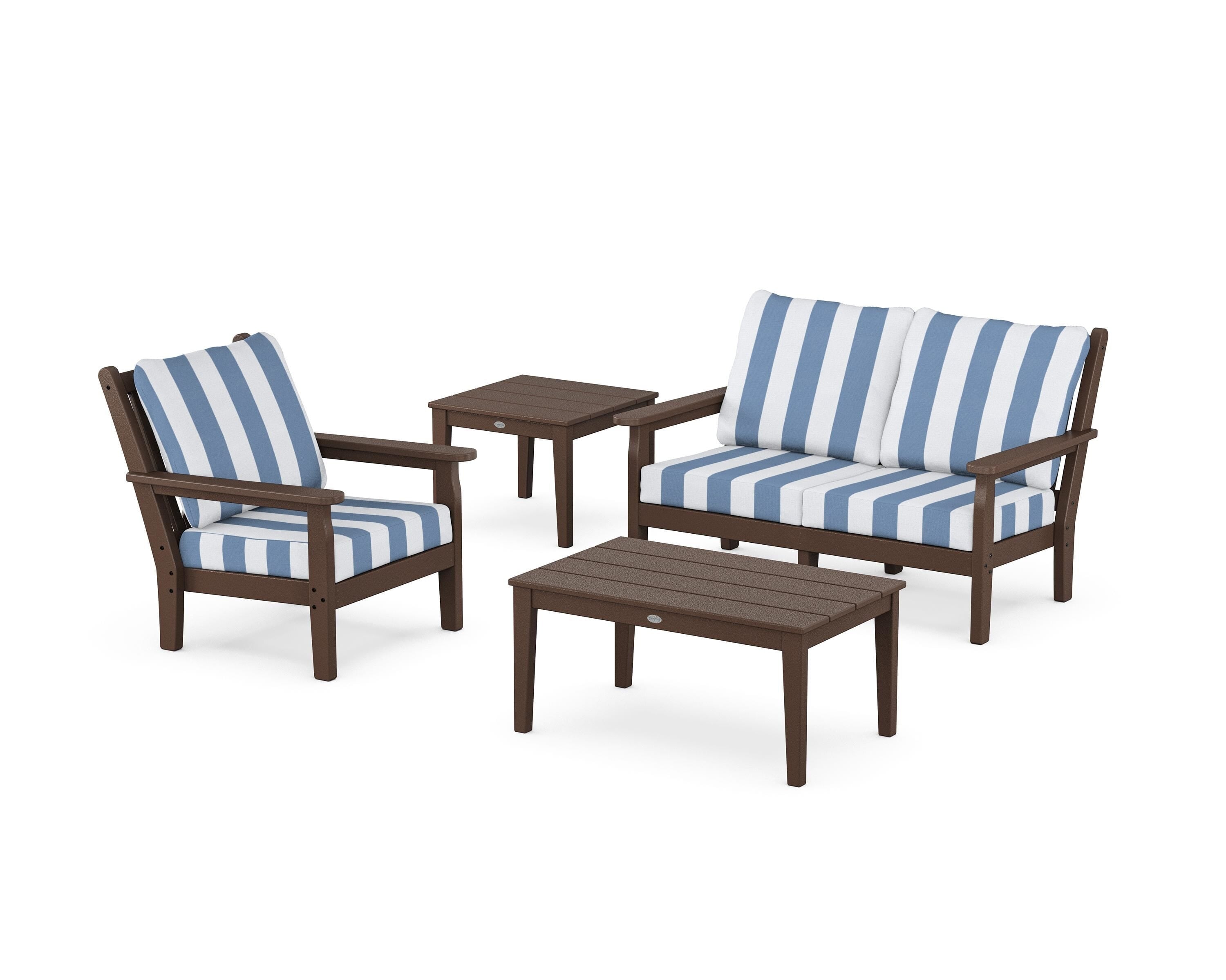 POLYWOOD® Chippendale 4-Piece Deep Seating Set in Mahogany / Cabana Stripe Sky Blue