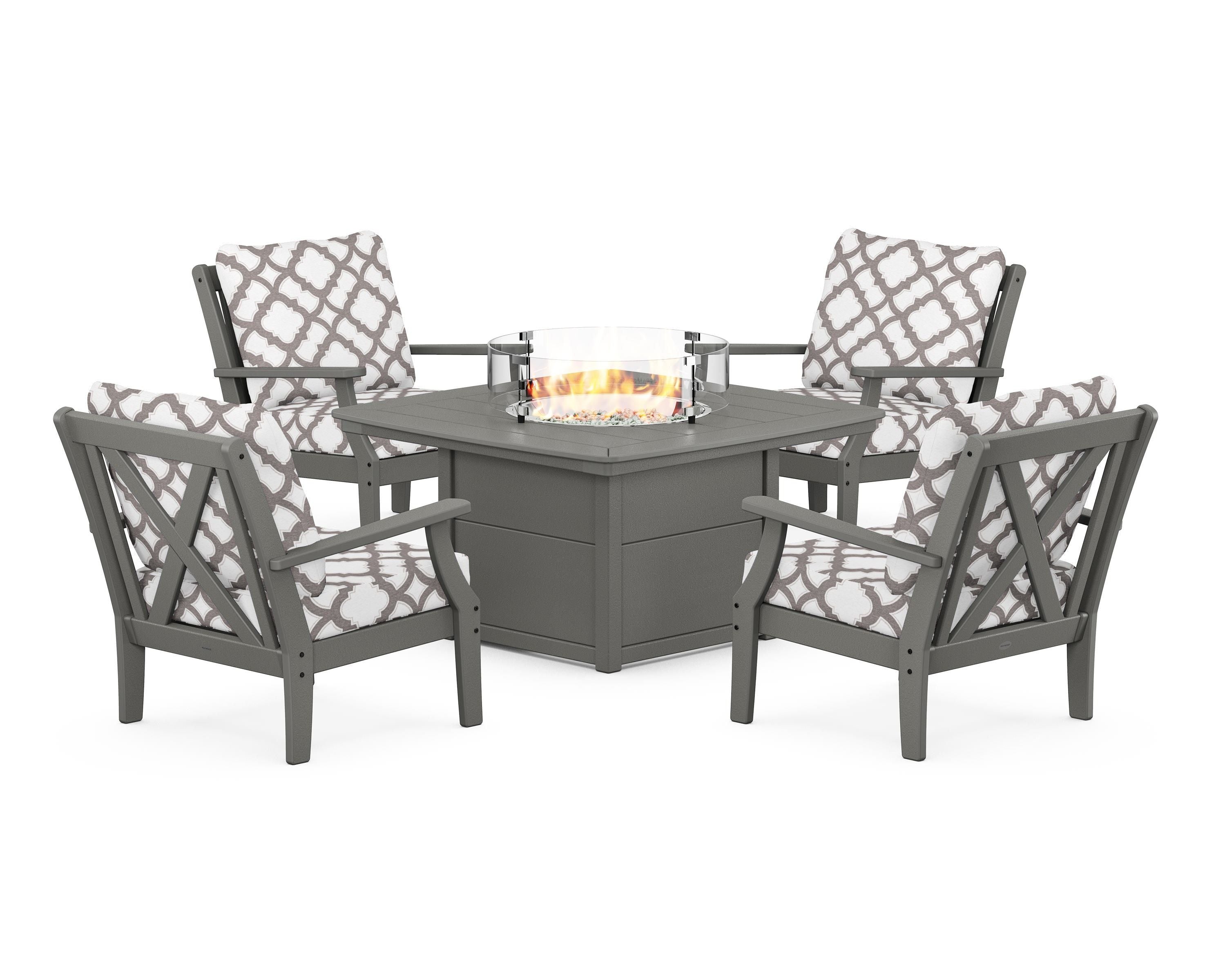 POLYWOOD® Braxton 5-Piece Deep Seating Conversation Set with Fire Pit Table in Slate Grey / Trellis Grey Mist
