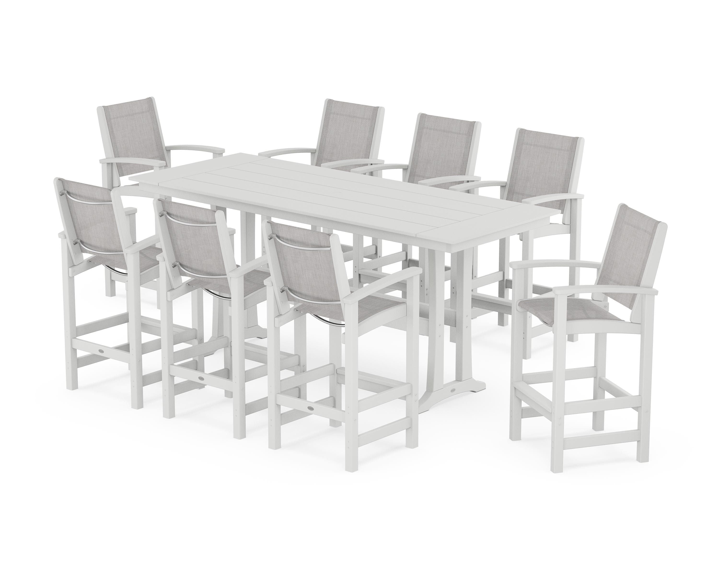 POLYWOOD® Coastal 9-Piece Farmhouse Bar Set with Trestle Legs in White / Parchment Sling