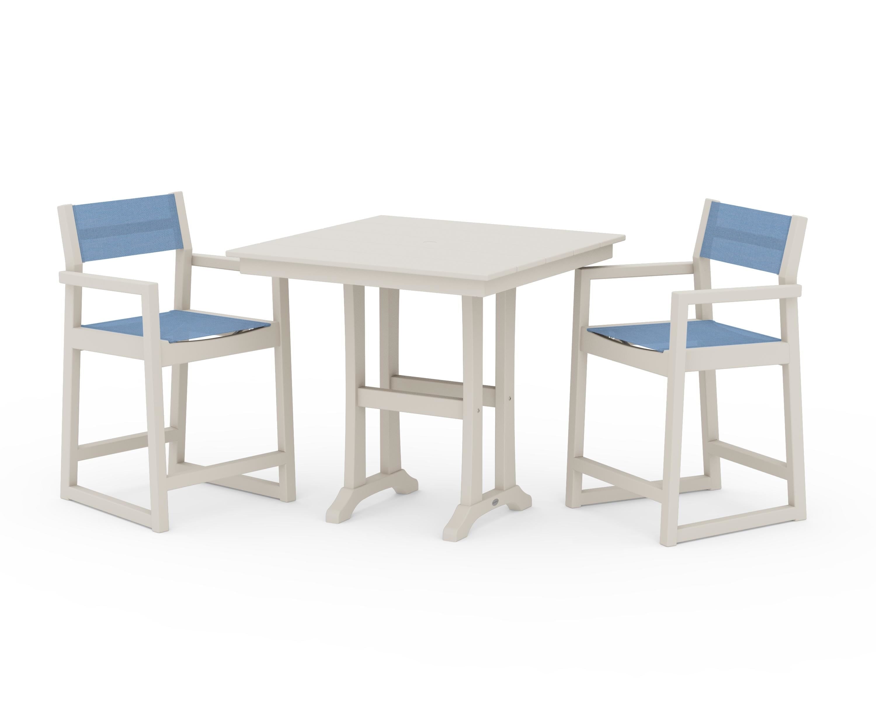 POLYWOOD® EDGE Sling Arm Chair 3-Piece Farmhouse Counter Set with Trestle Legs in Sand / Poolside Sling