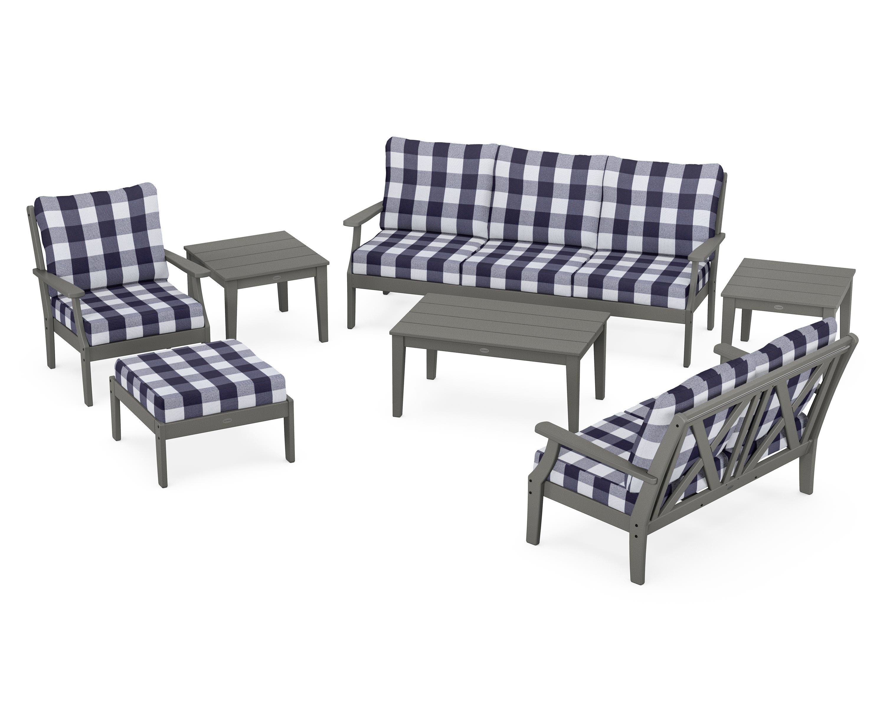 POLYWOOD® Braxton 7-Piece Deep Seating Set in Slate Grey / Buffalo Plaid Navy