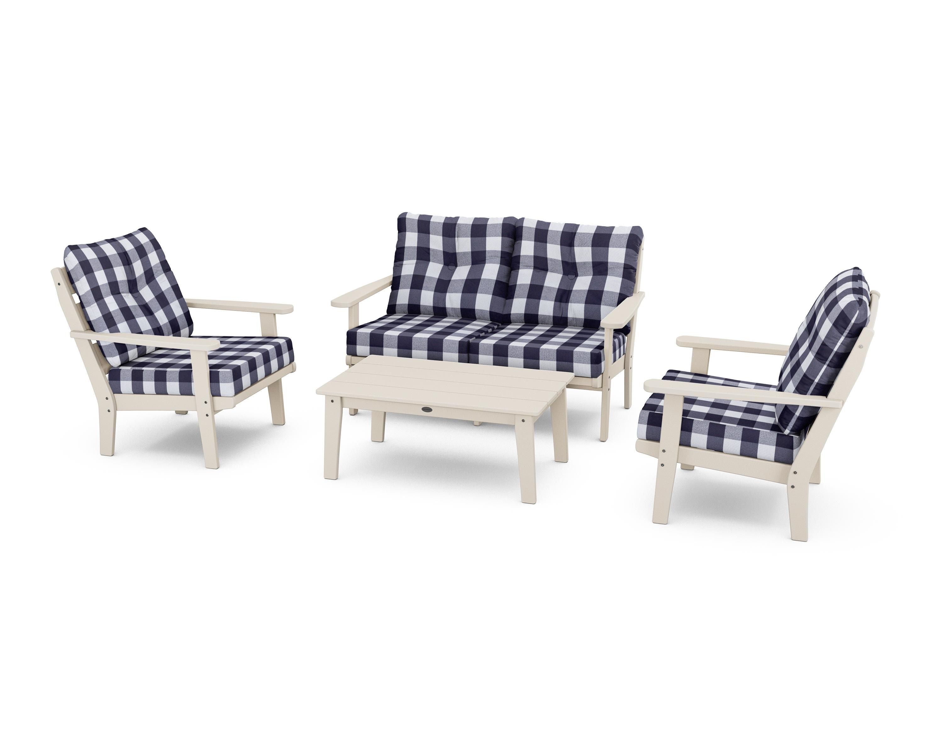 POLYWOOD® Lakeside 4-Piece Deep Seating Set in Sand / Buffalo Plaid Navy