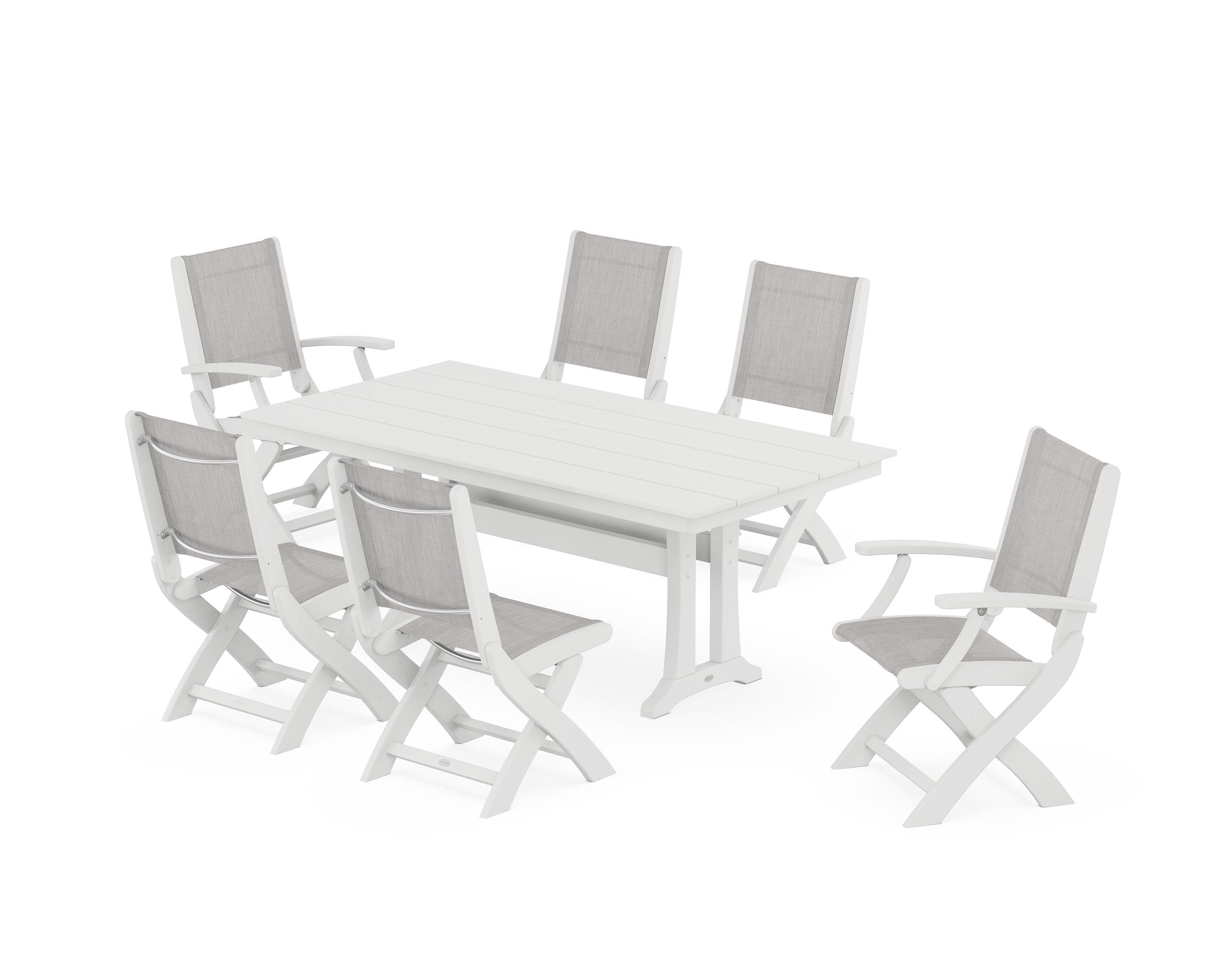 POLYWOOD® Coastal Folding Chair 7-Piece Farmhouse Dining Set with Trestle Legs in White / Parchment Sling